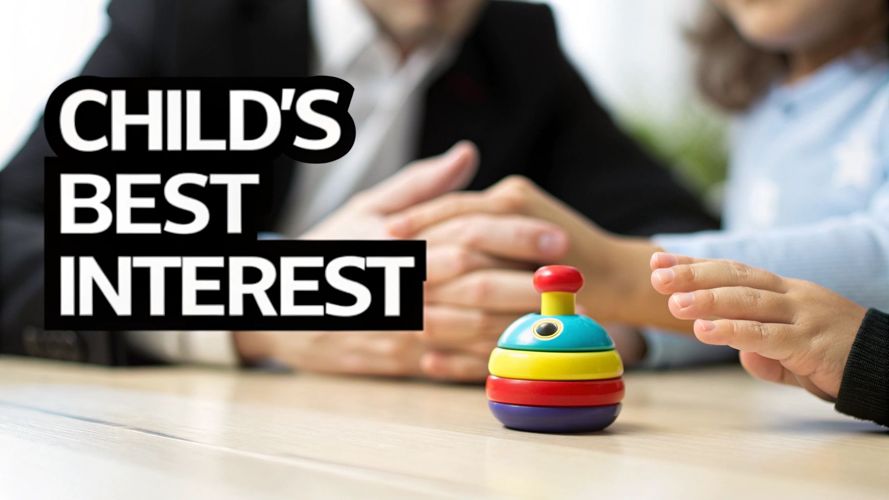 A child's hand reaching for a colorful toy with an adult's hands clasped in the background, illustrating a child's best interest.