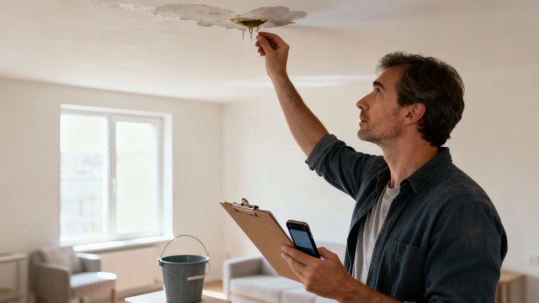 Man inspecting a leaking ceiling with water dripping, holding a clipboard and smartphone, in a bright, empty room, emphasizing landlord responsibilities for property maintenance and safety.
