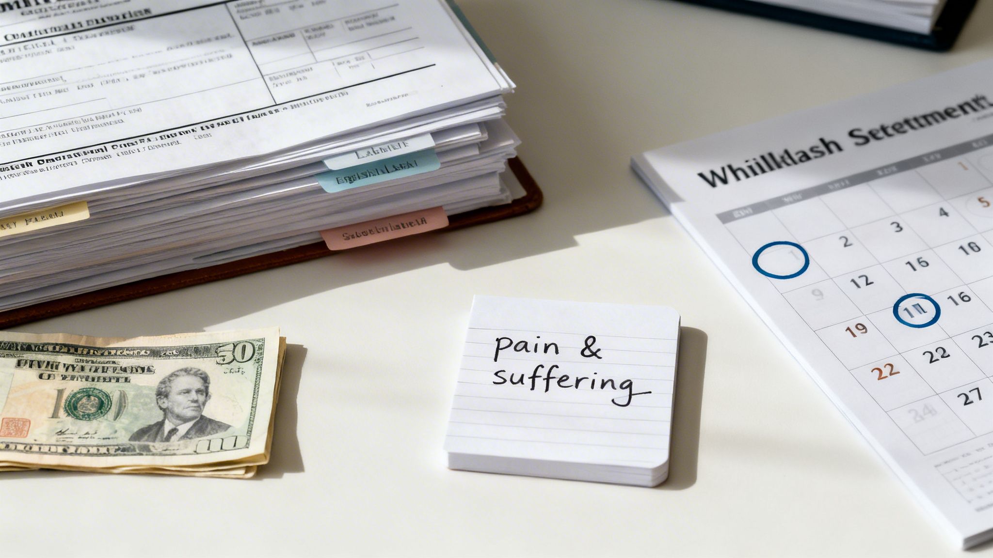 Desk scene with legal settlement documents, cash, a calendar, and a 'pain & suffering' note.