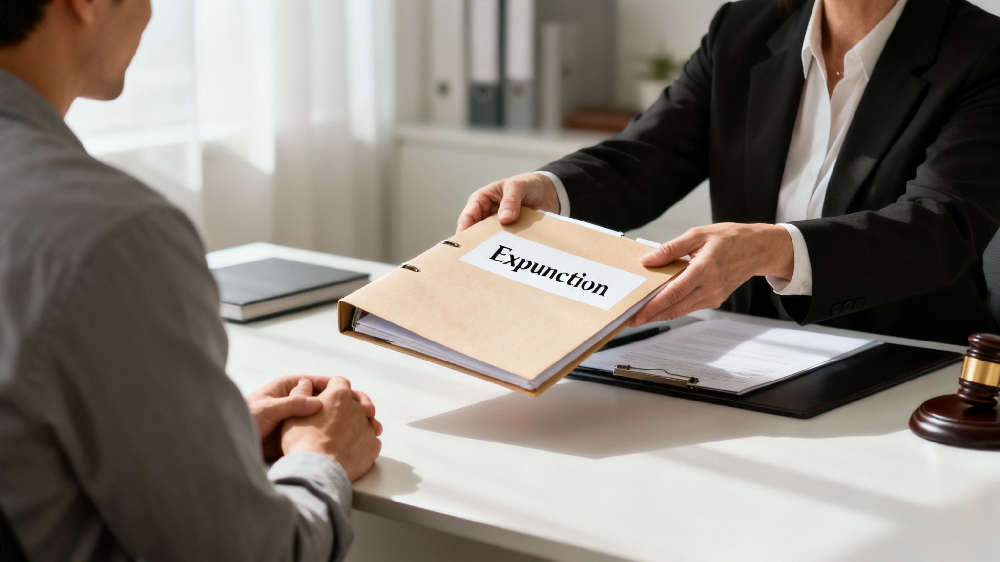 A lawyer hands a brown folder labeled 'Expunction' to a client across a white desk.