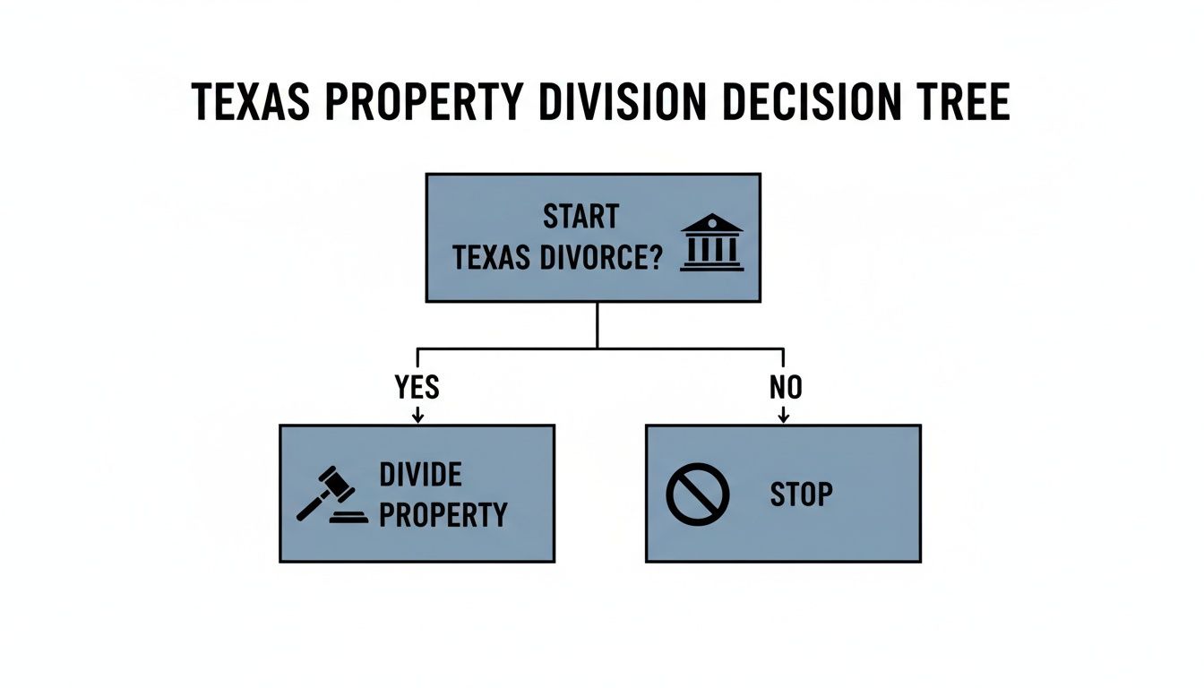 Flowchart showing the Texas property division decision tree, starting with 'TEXAS DIVORCE?'.