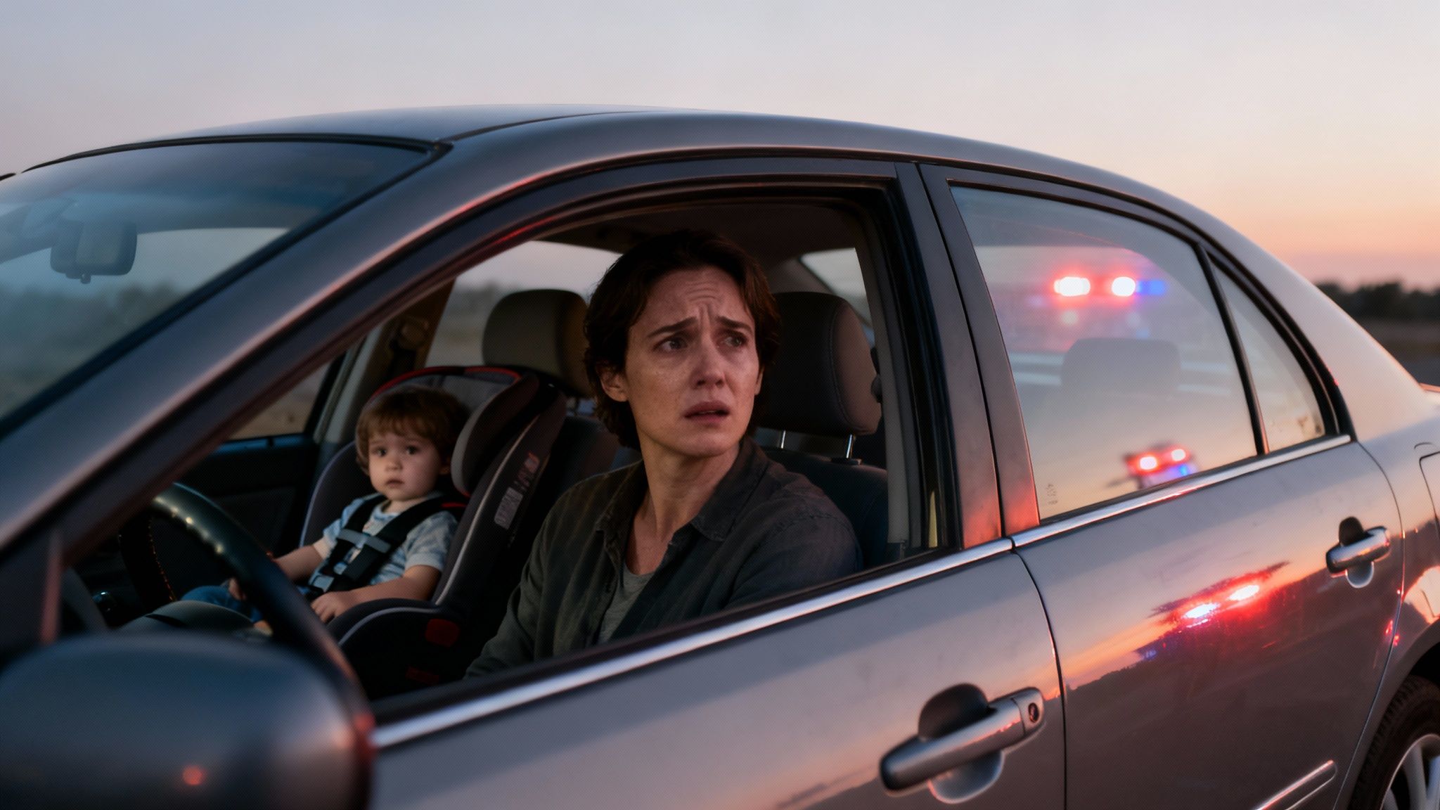Scared woman and child in car, stopped by police with flashing lights at dusk.