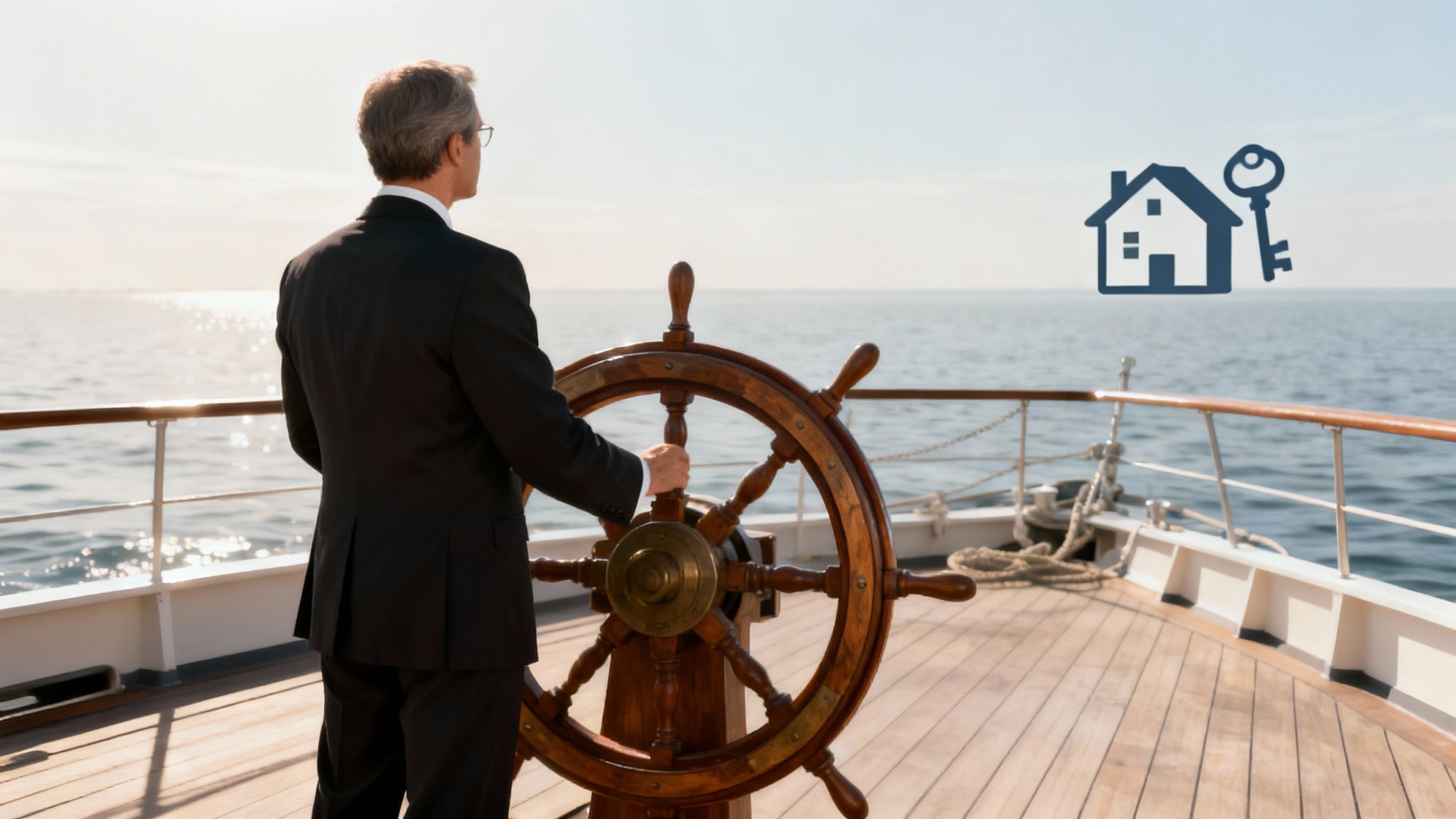 Man in a suit steering a ship's wheel, symbolizing guidance through the probate process, with an icon of a house and key in the background.
