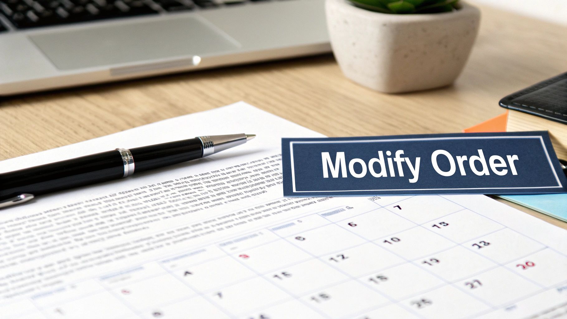A close-up of a desk with a "Modify Order" sign, pen, documents, and a calendar.