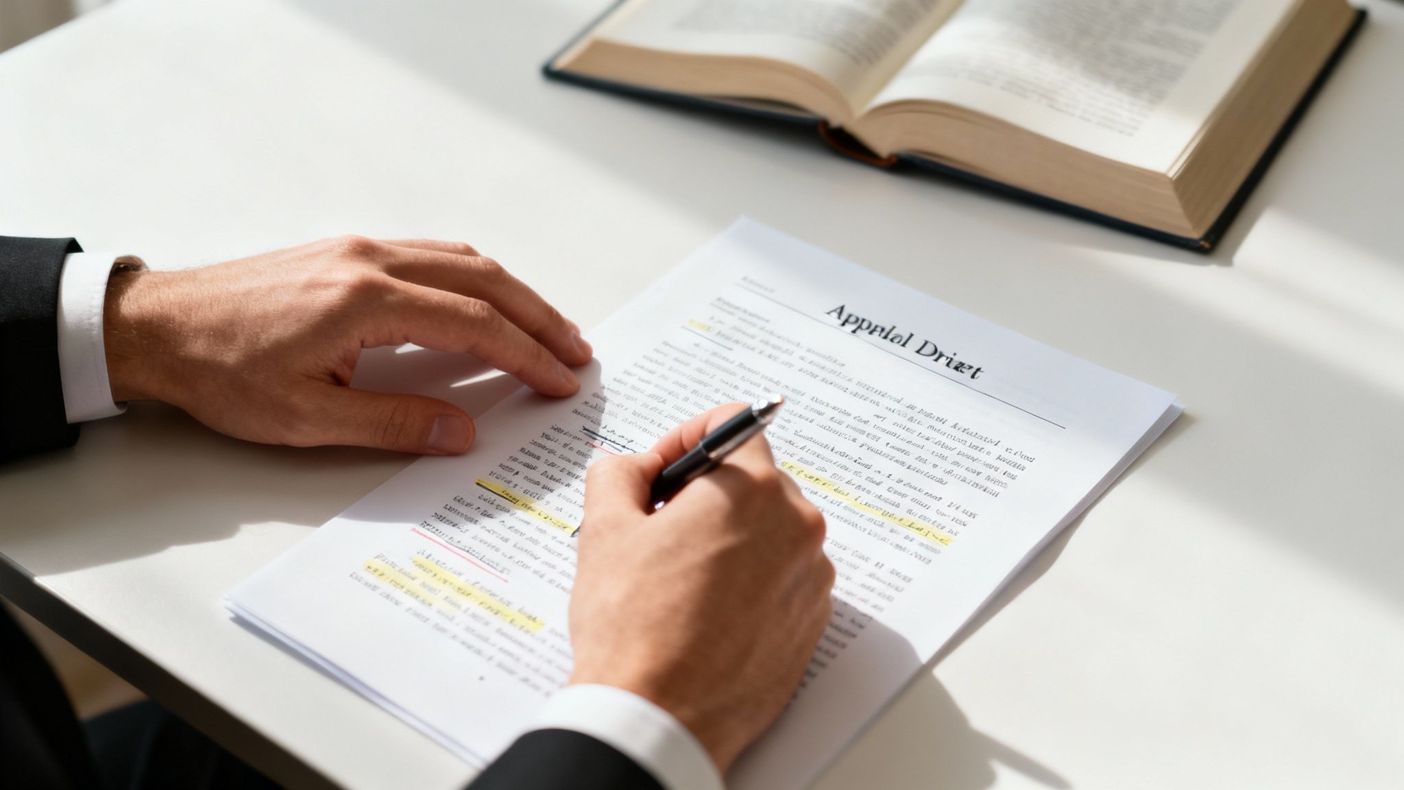 A person writing in a legal notebook, symbolizing the detailed work of drafting an appellate brief.