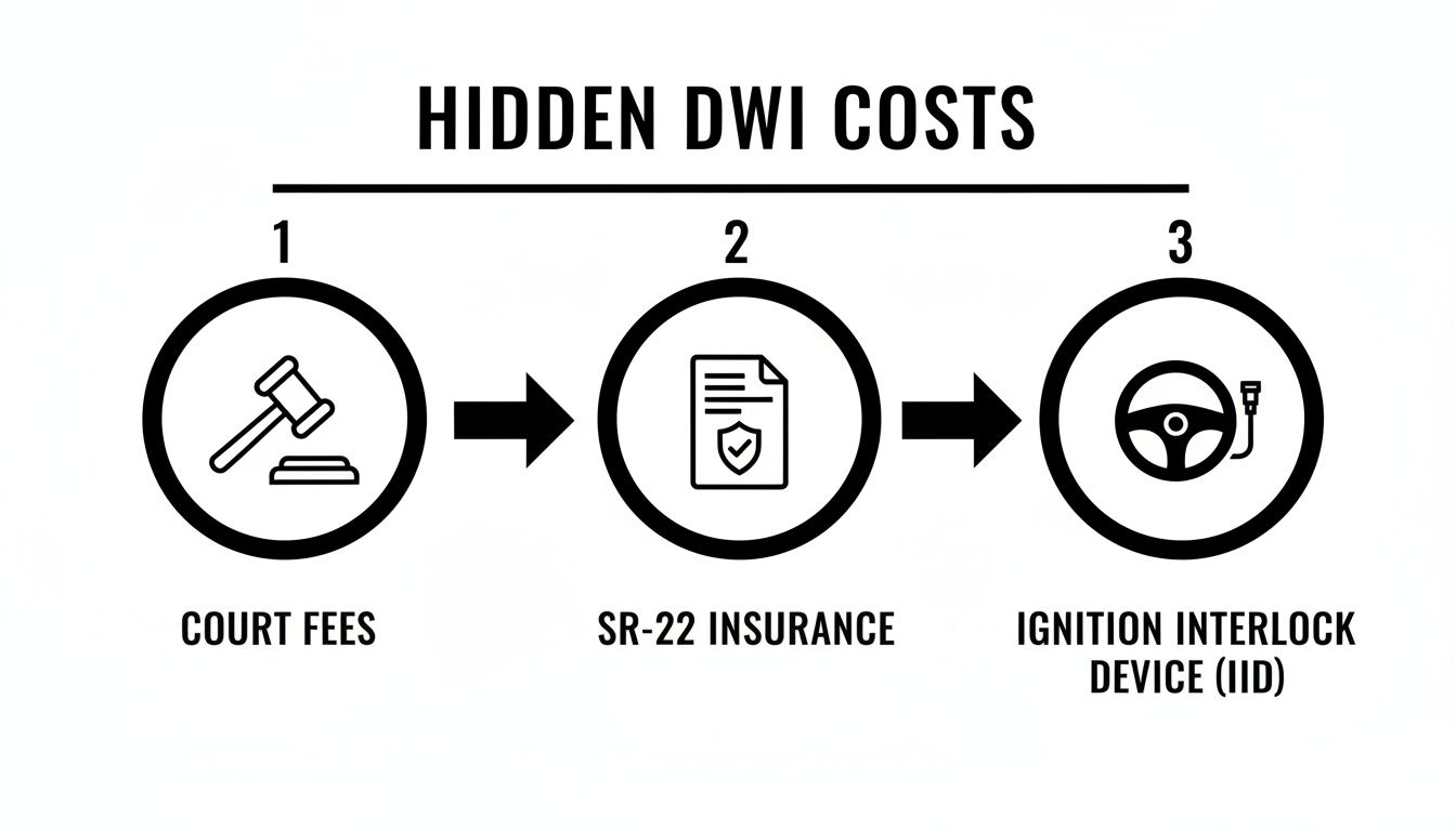 Flowchart illustrating hidden DWI costs, including court fees, SR-22 insurance, and an ignition interlock device.