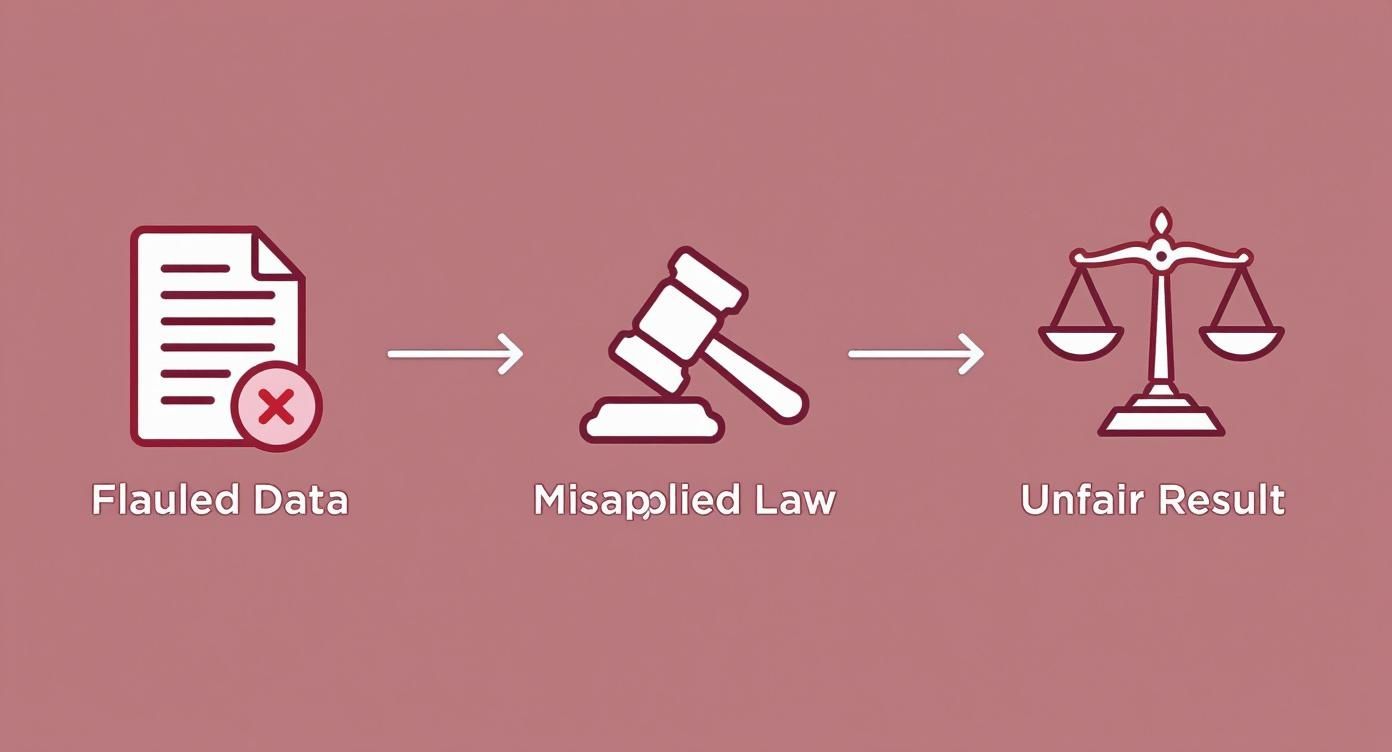 An infographic showing the process flow of reversible errors, starting with flawed data, leading to misapplied law, and resulting in an unfair outcome.
