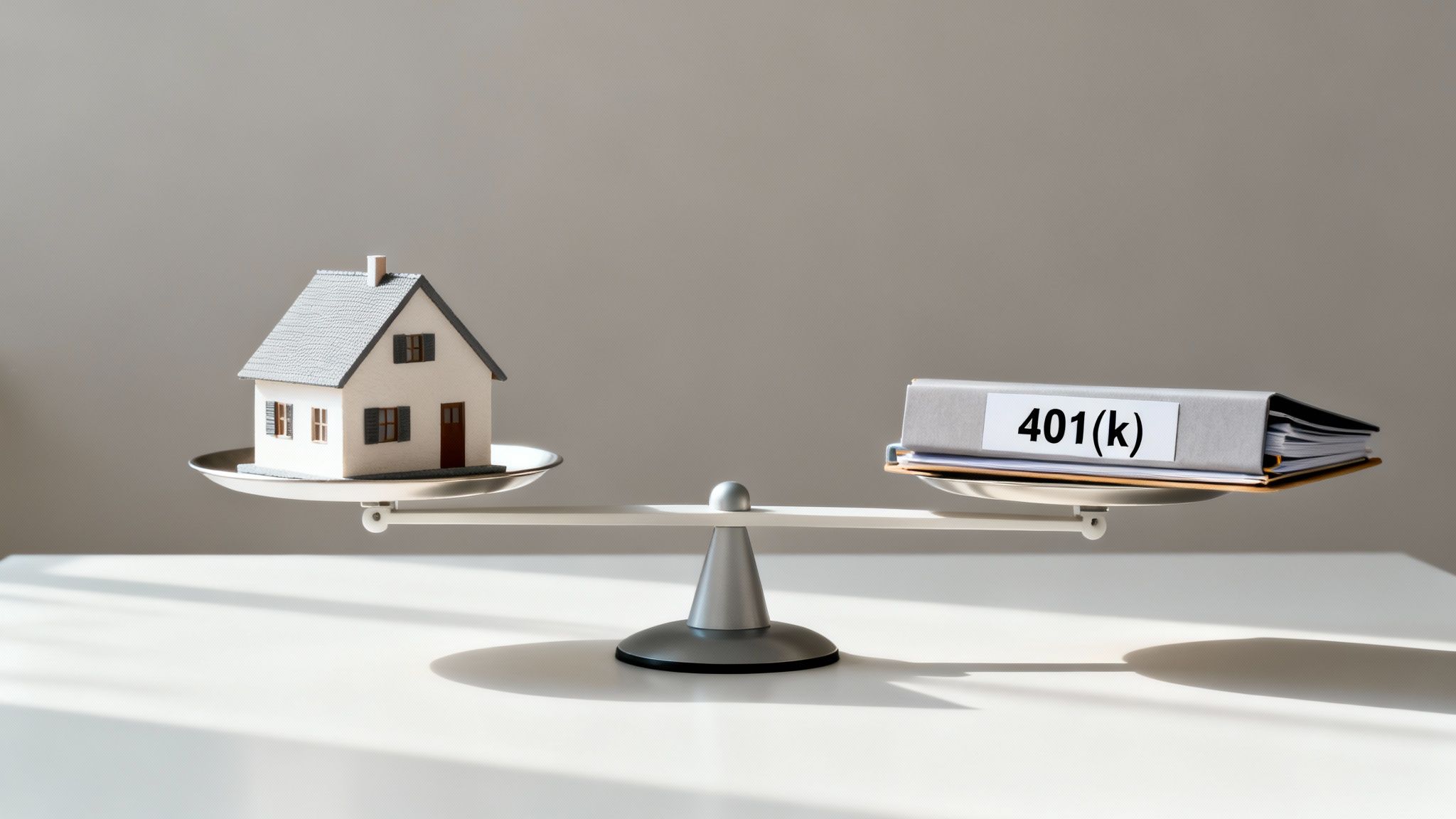 A model house and a 401(k) folder are perfectly balanced on a scale, symbolizing financial choices.