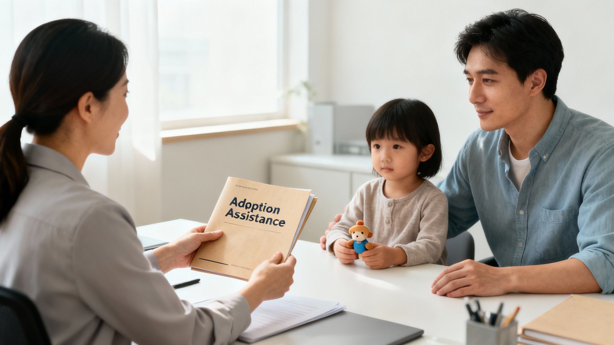 An Asian family (father and child) consults with a social worker about adoption assistance.