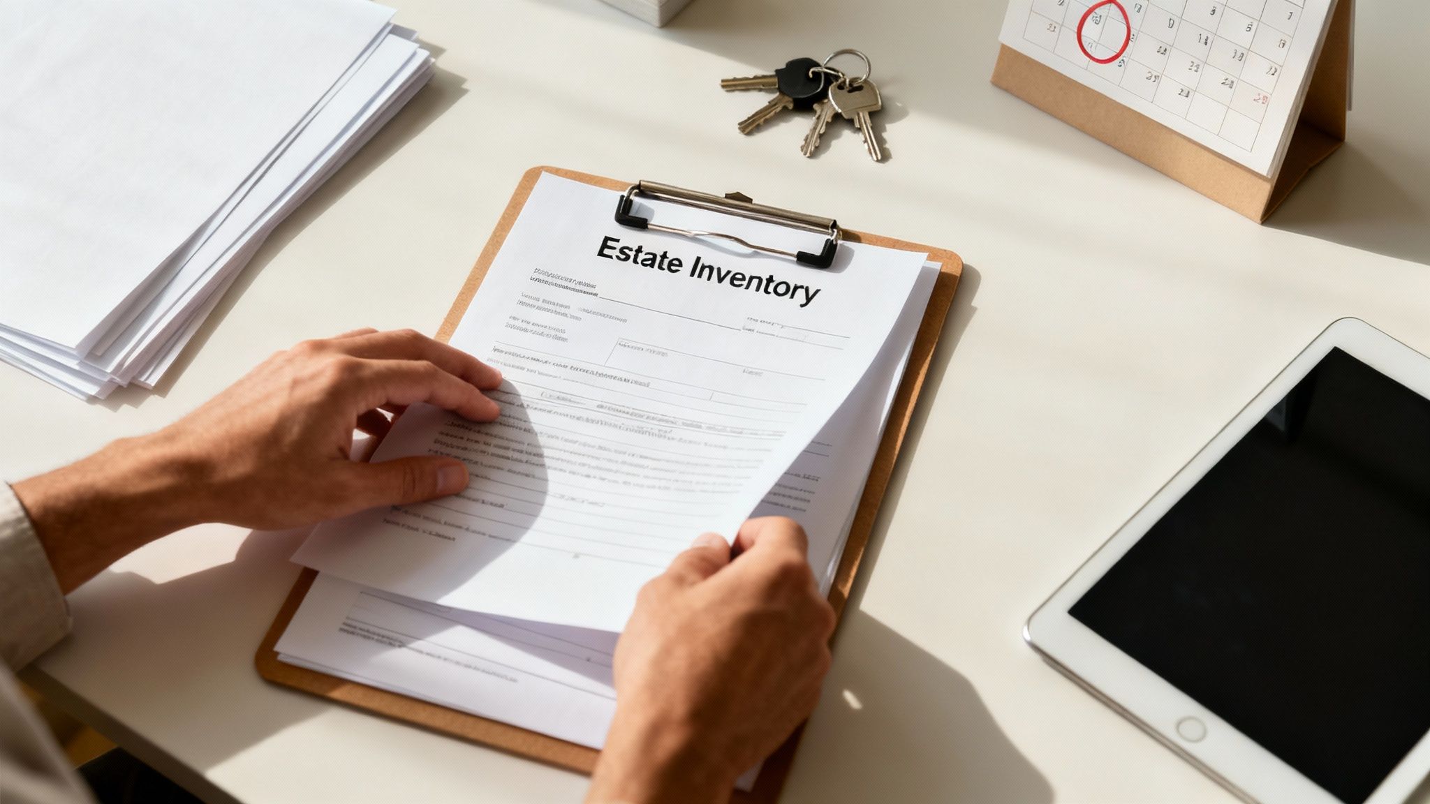 Hand reviewing estate inventory documents on a clipboard, with a stack of papers, keys, and a calendar in the background, illustrating the probate process in Texas.