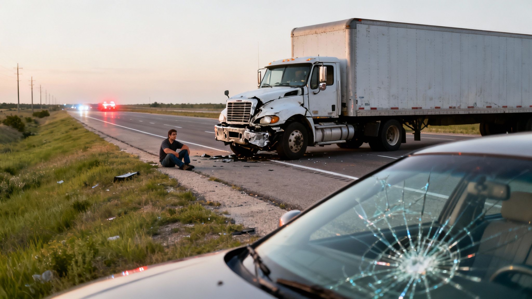 A distressed man sits by a wrecked semi-truck and car with a broken windshield after an accident.