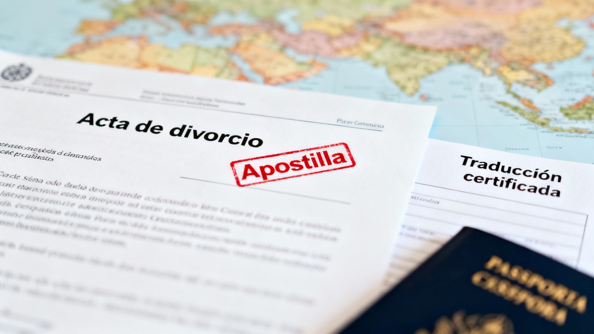 Acta de divorcio apostillada, traducción certificada y pasaporte sobre un mapa mundial, simbolizando trámites internacionales.
