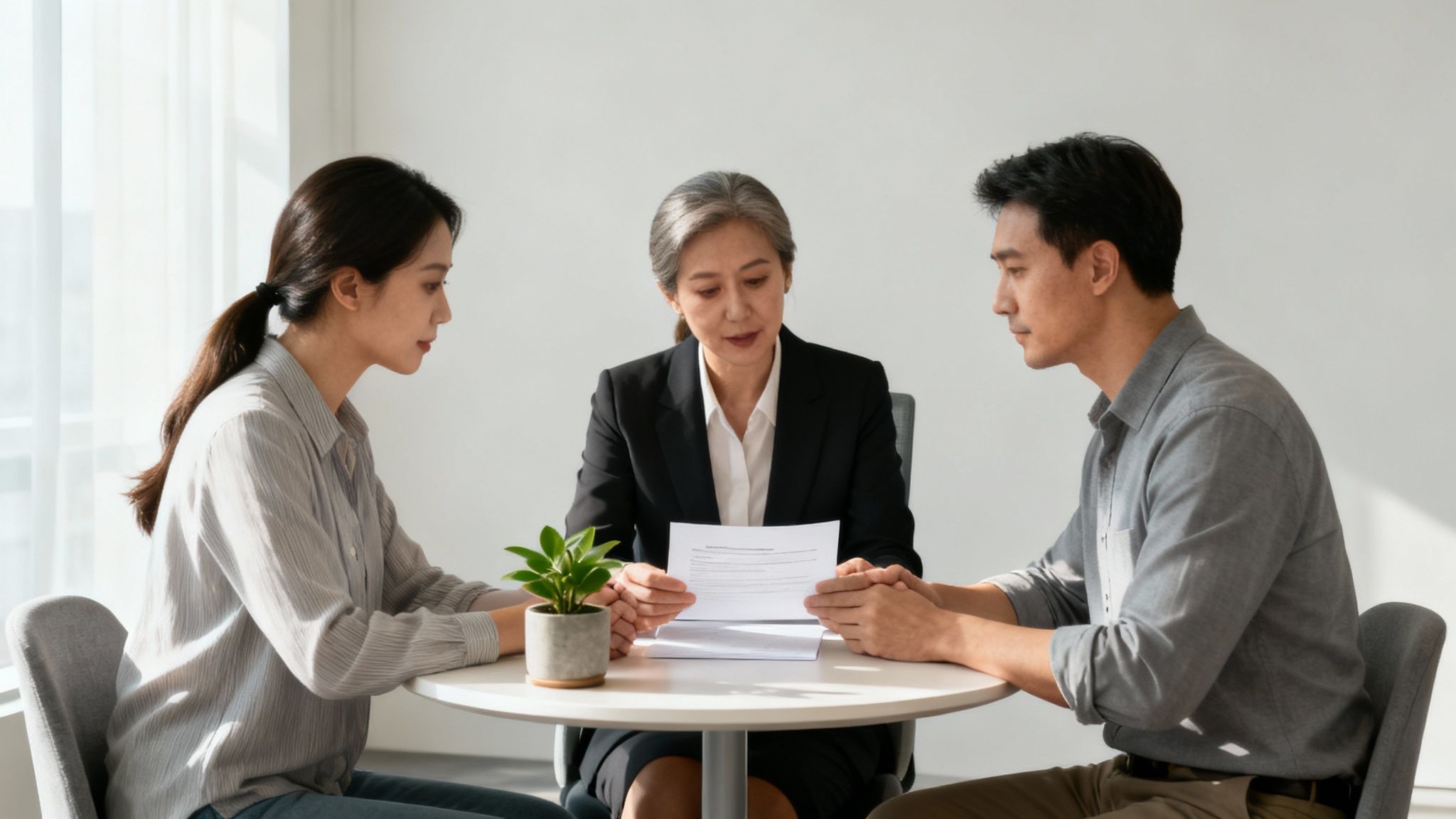 Two individuals engaged in real estate mediation with a neutral mediator, discussing documents at a round table, emphasizing conflict resolution in landlord-tenant disputes.