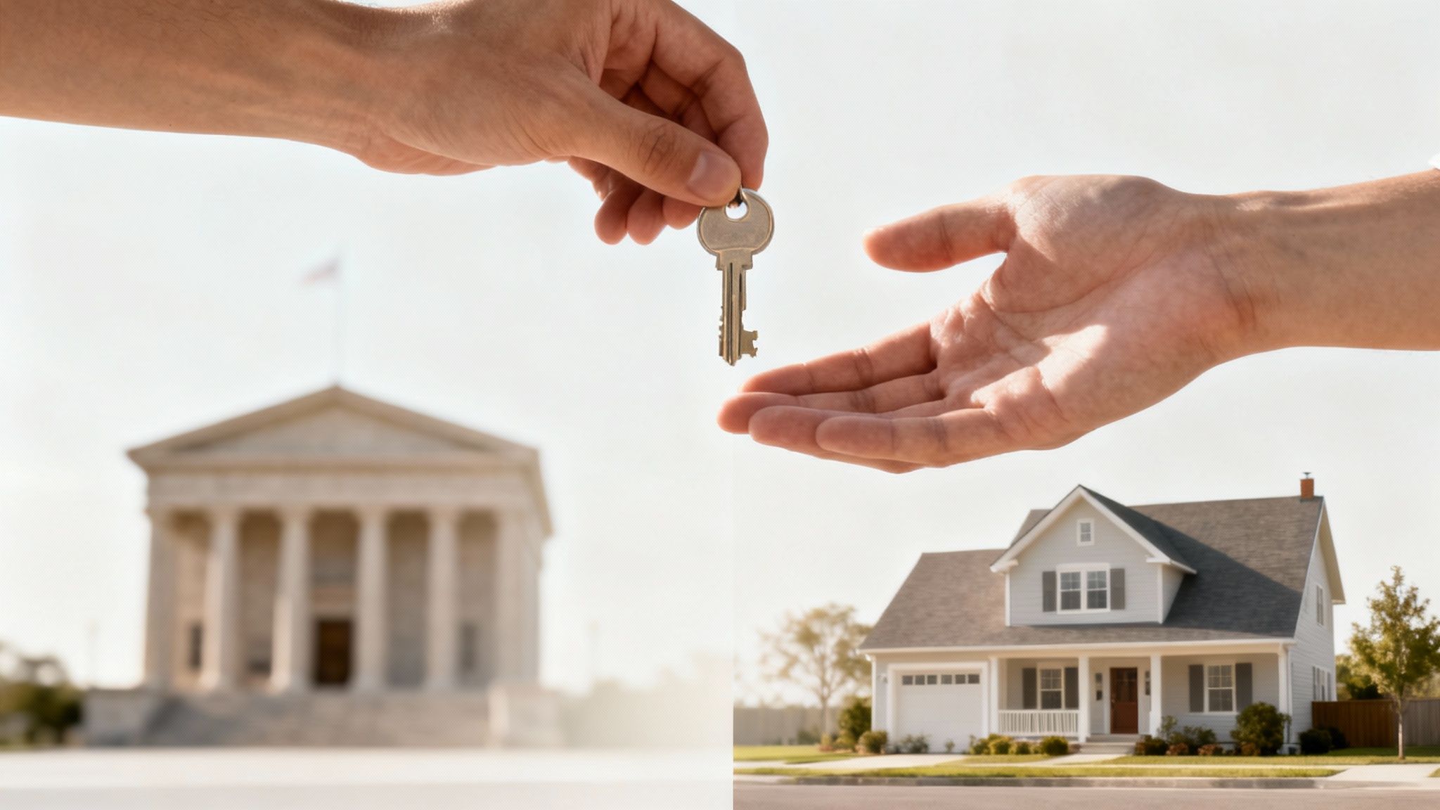 Hands exchanging a key symbolizing property transfer, with a courthouse in the background and a house in the foreground, illustrating estate planning and avoiding probate in Texas.