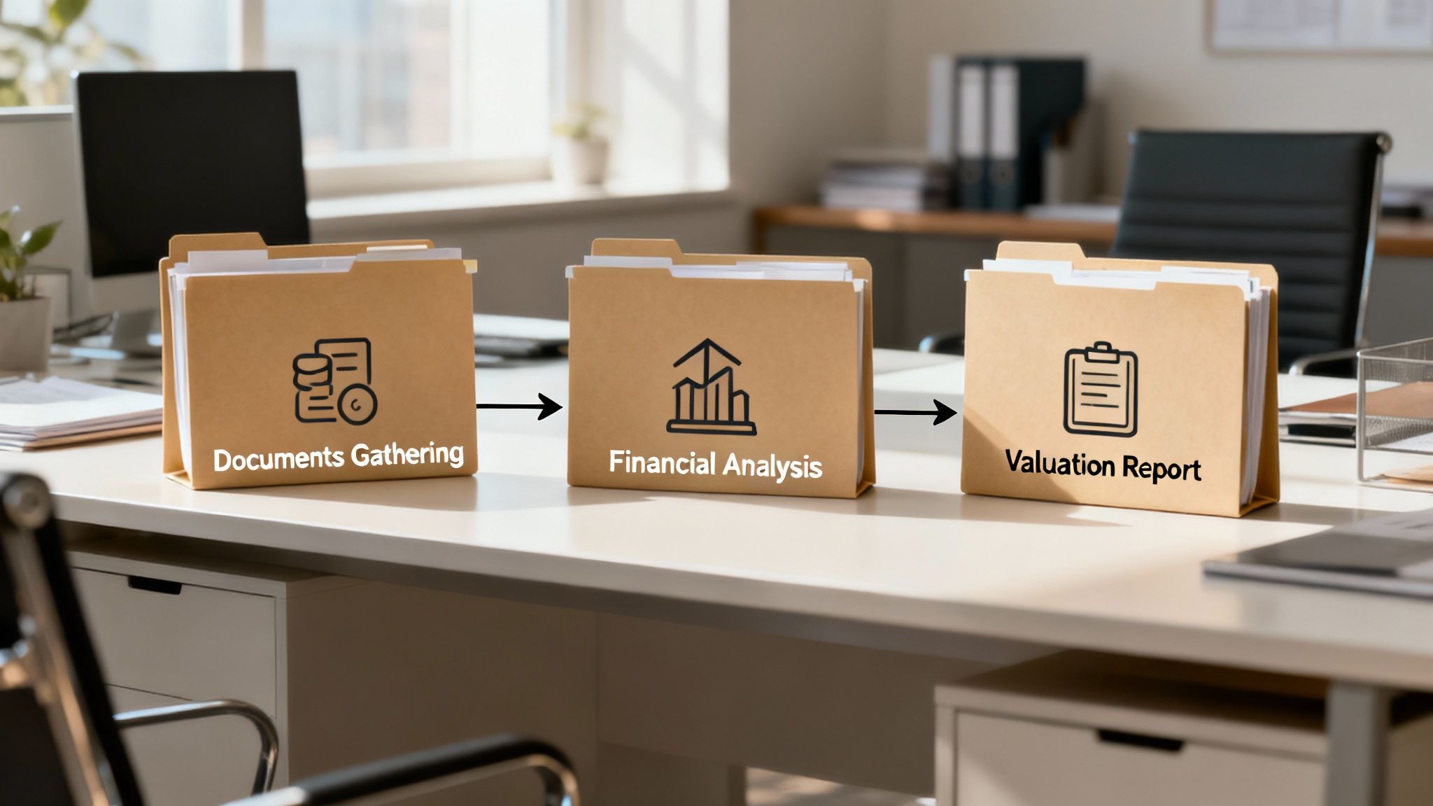 A professional reviews financial documents and charts on a desk.