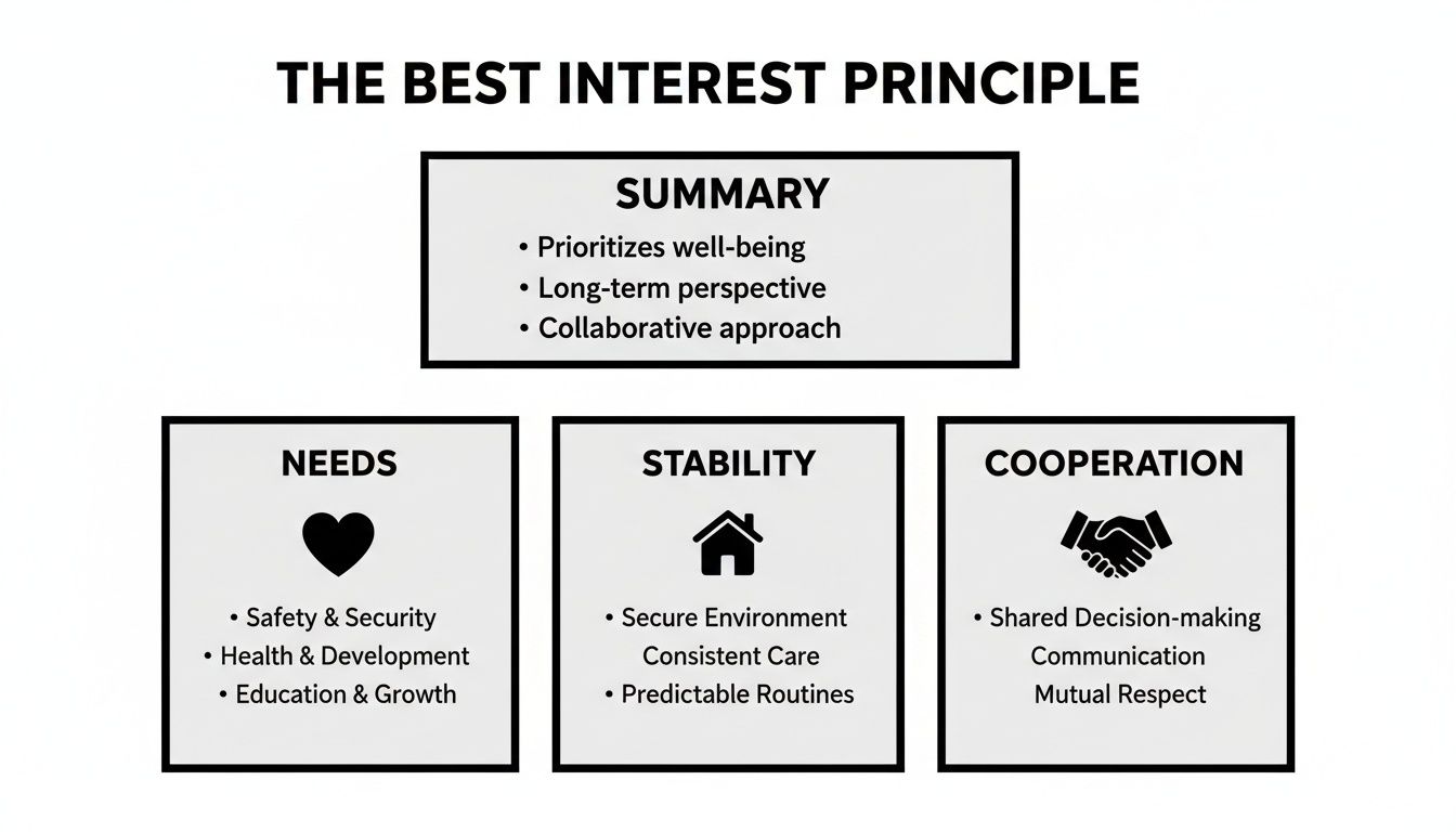 Infographic outlining 'The Best Interest Principle' with components: Needs, Stability, and Cooperation, each detailed with bullet points.