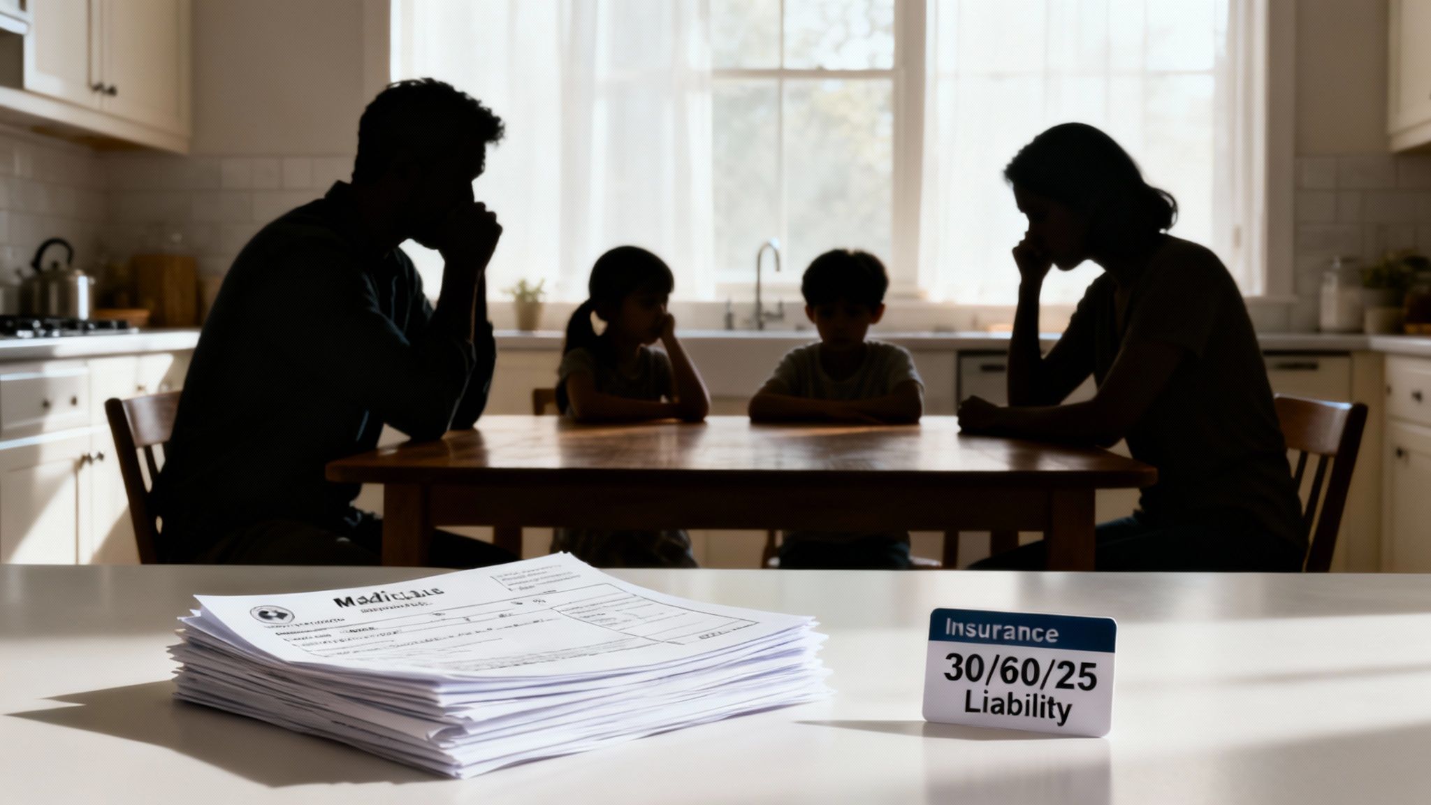 Silhouetted family looking worried in kitchen, with medical bills and insurance information in the foreground.