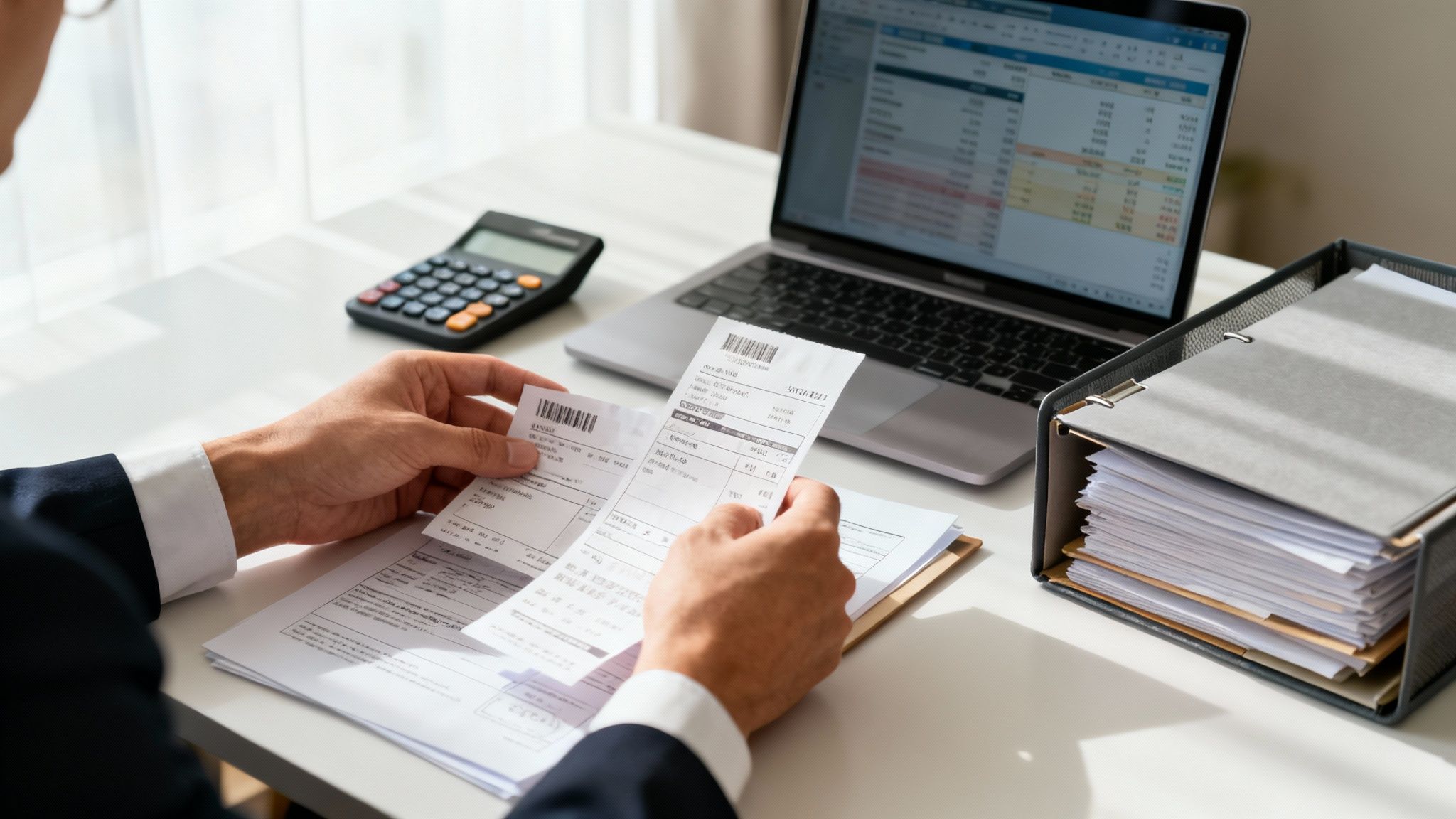 Manos de una persona revisando recibos en un escritorio, con una laptop, calculadora y organizador de documentos.