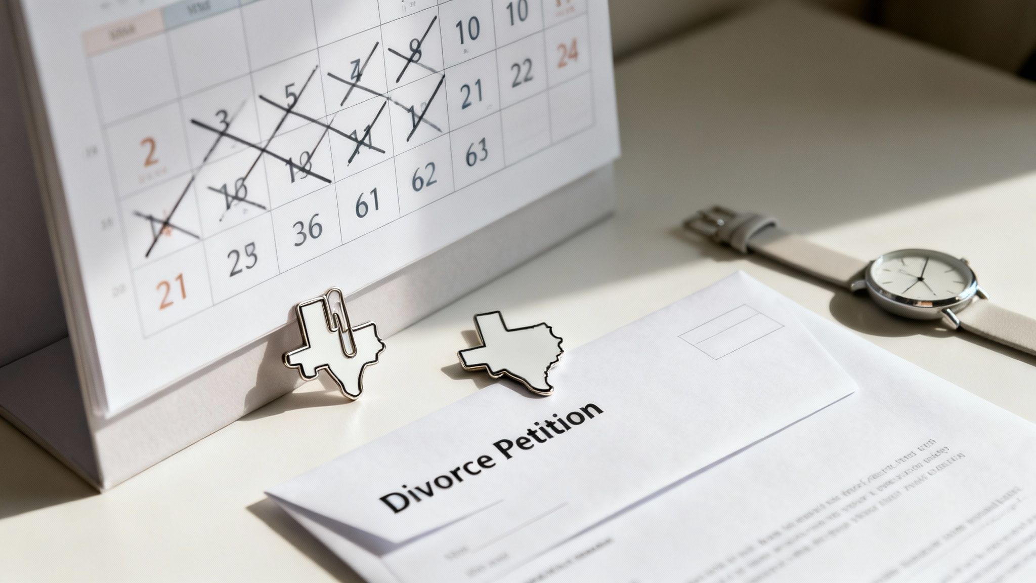 Divorce petition document on a table with Texas-shaped paperclips and a calendar marking the divorce timeline, emphasizing the legal process in Texas.
