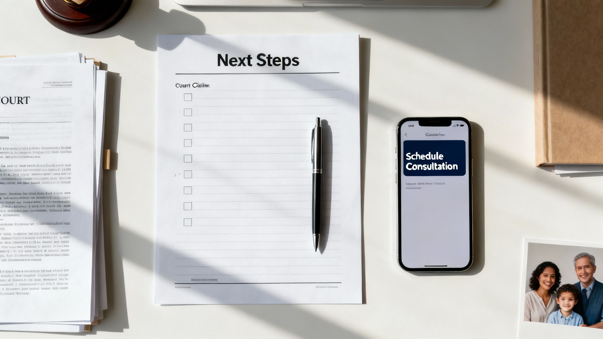 A desk with legal documents, a 'Next Steps' checklist, a pen, a phone showing 'Schedule Consultation', and a family photo.