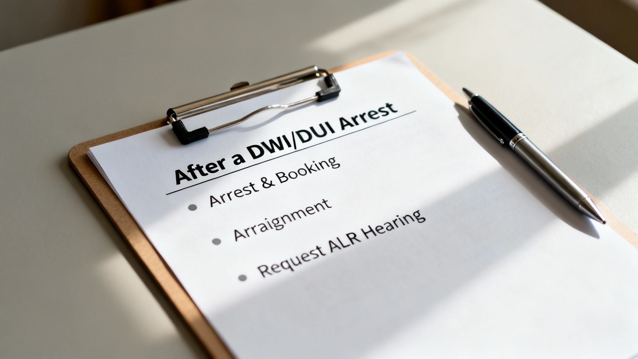 A document on a clipboard outlining steps after a DWI/DUI arrest, including booking and arraignment.