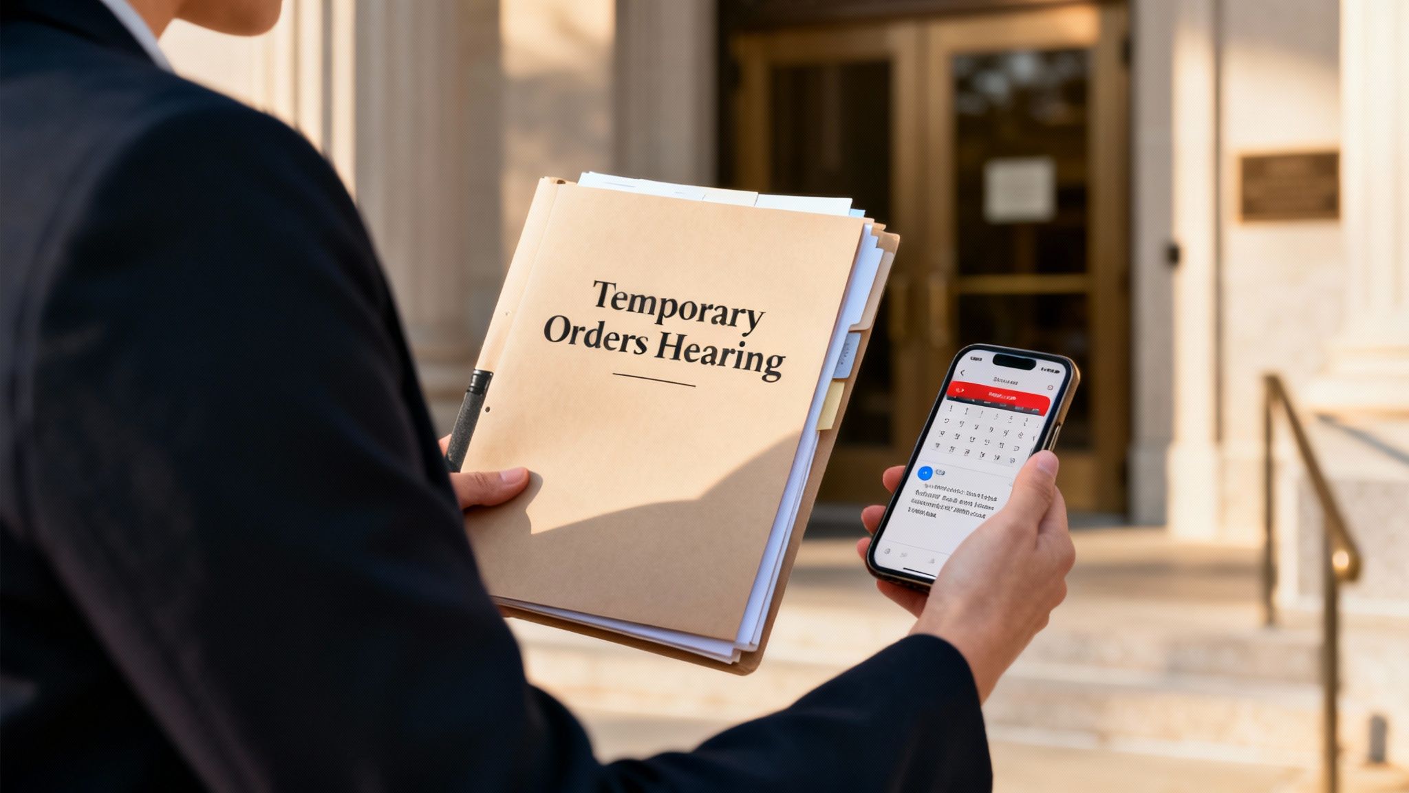 A person in a suit holds a folder for a "Temporary Orders Hearing" and a smartphone with a calendar outside a courthouse.