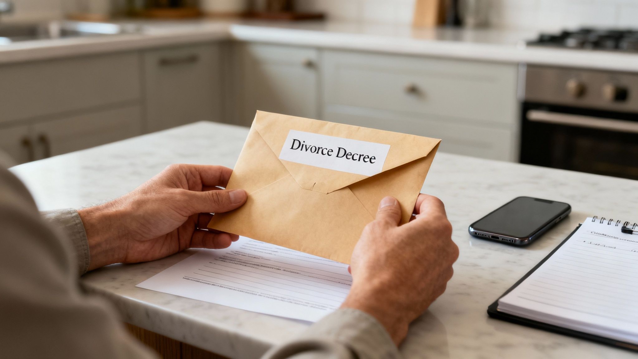Close-up of a person's hands holding an envelope labeled 'Divorce Decree' on a kitchen counter.