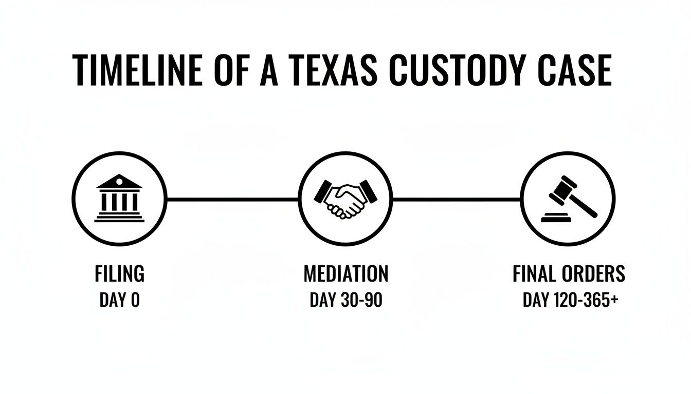Timeline of a Texas custody case showing filing, mediation, and final orders with associated days.