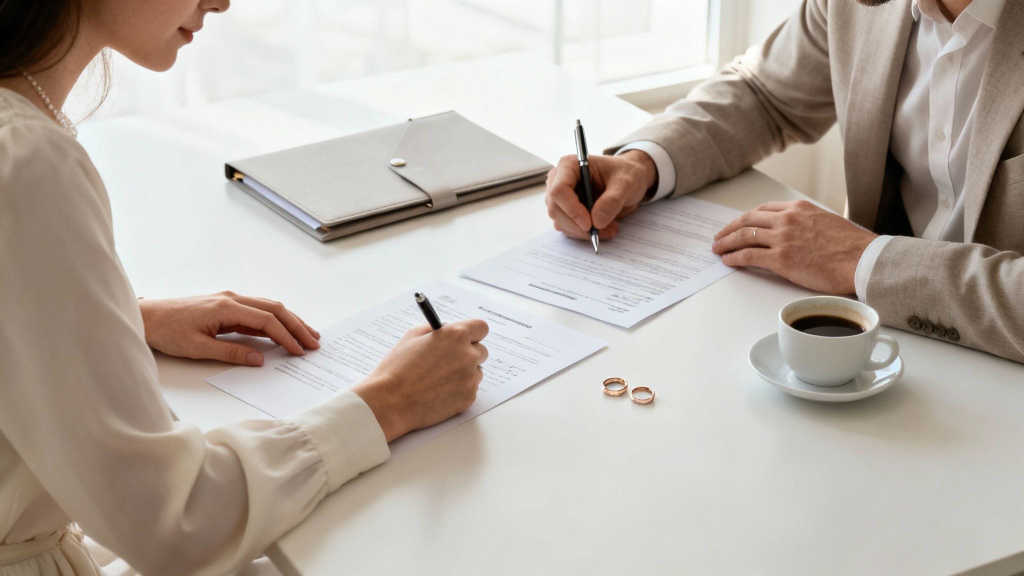 Couple signing legal documents related to community property division, with wedding rings and coffee cup on table, emphasizing financial discussions during divorce process.