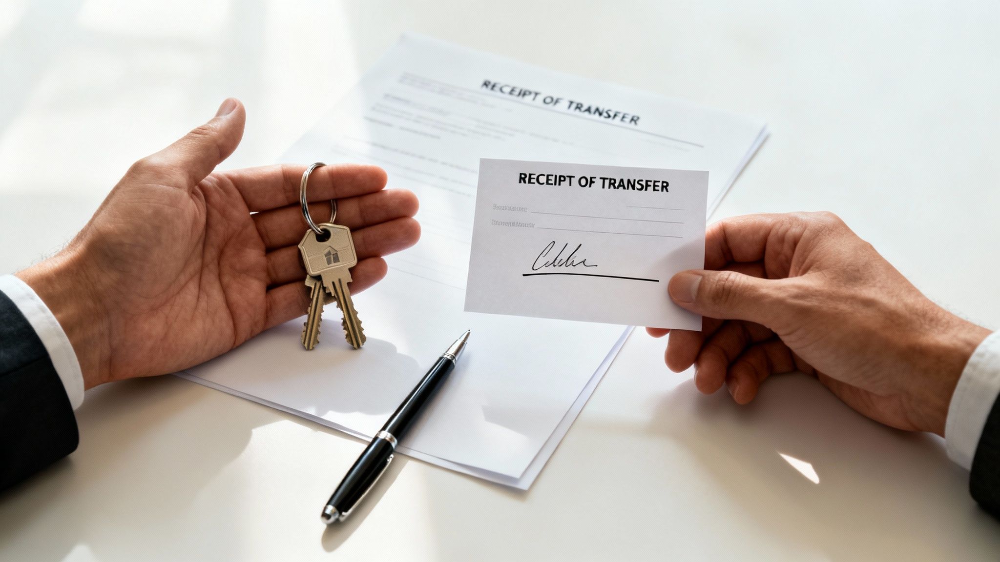 Hands exchanging property keys and a signed receipt of transfer document on a white table.