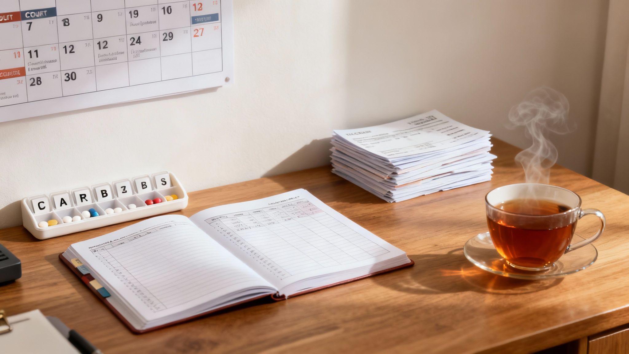 Organized desk scene with a calendar, pillbox, open planner, stacked papers, and a cup of hot tea.