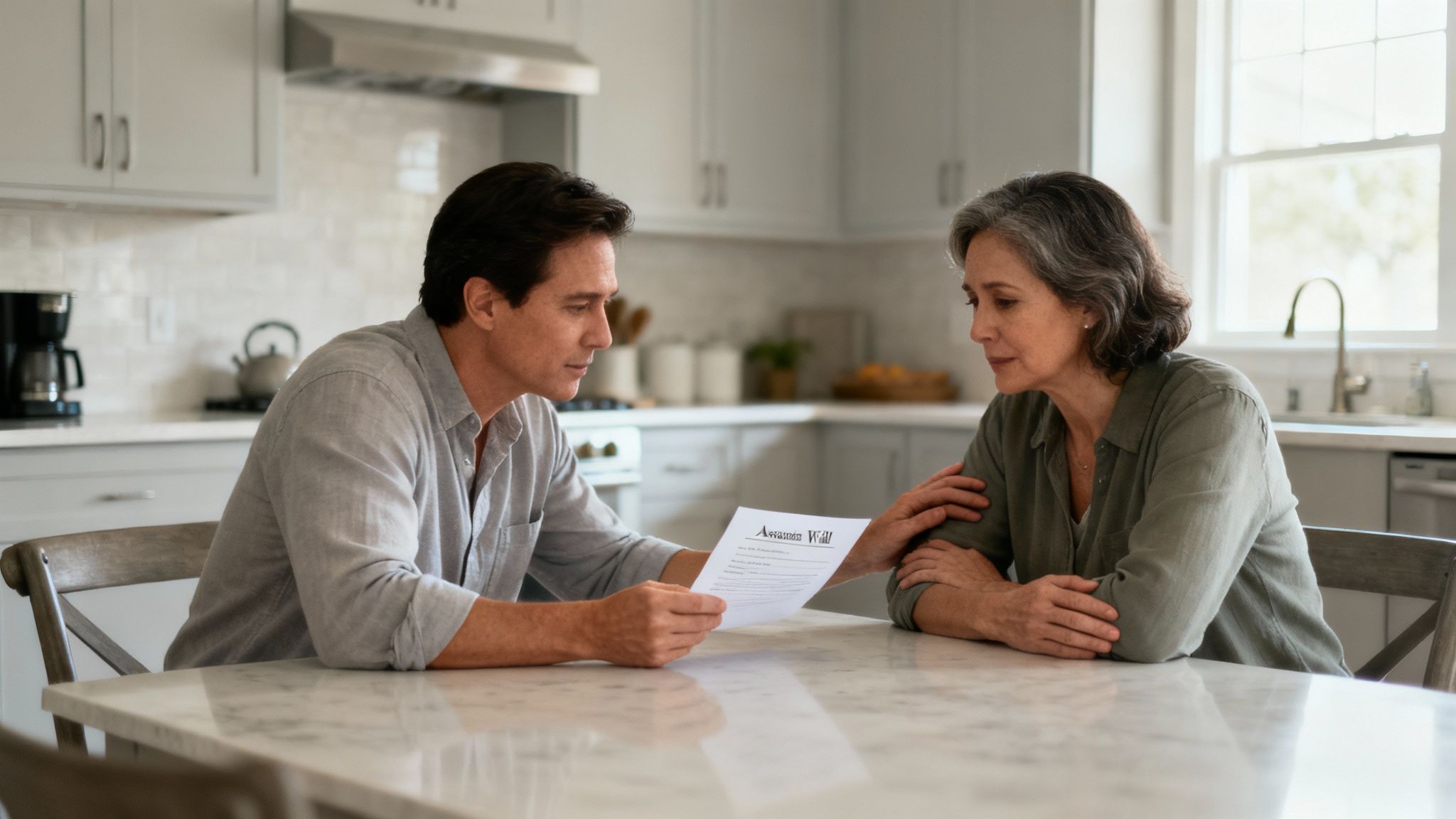 Man and woman discussing legal documents at a kitchen table, reflecting on probate processes and estate management after loss.