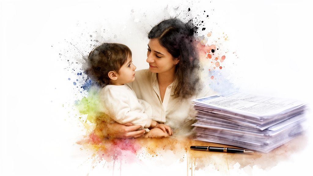 A mother tenderly holds her child, looking at them, with important documents and a pen nearby.