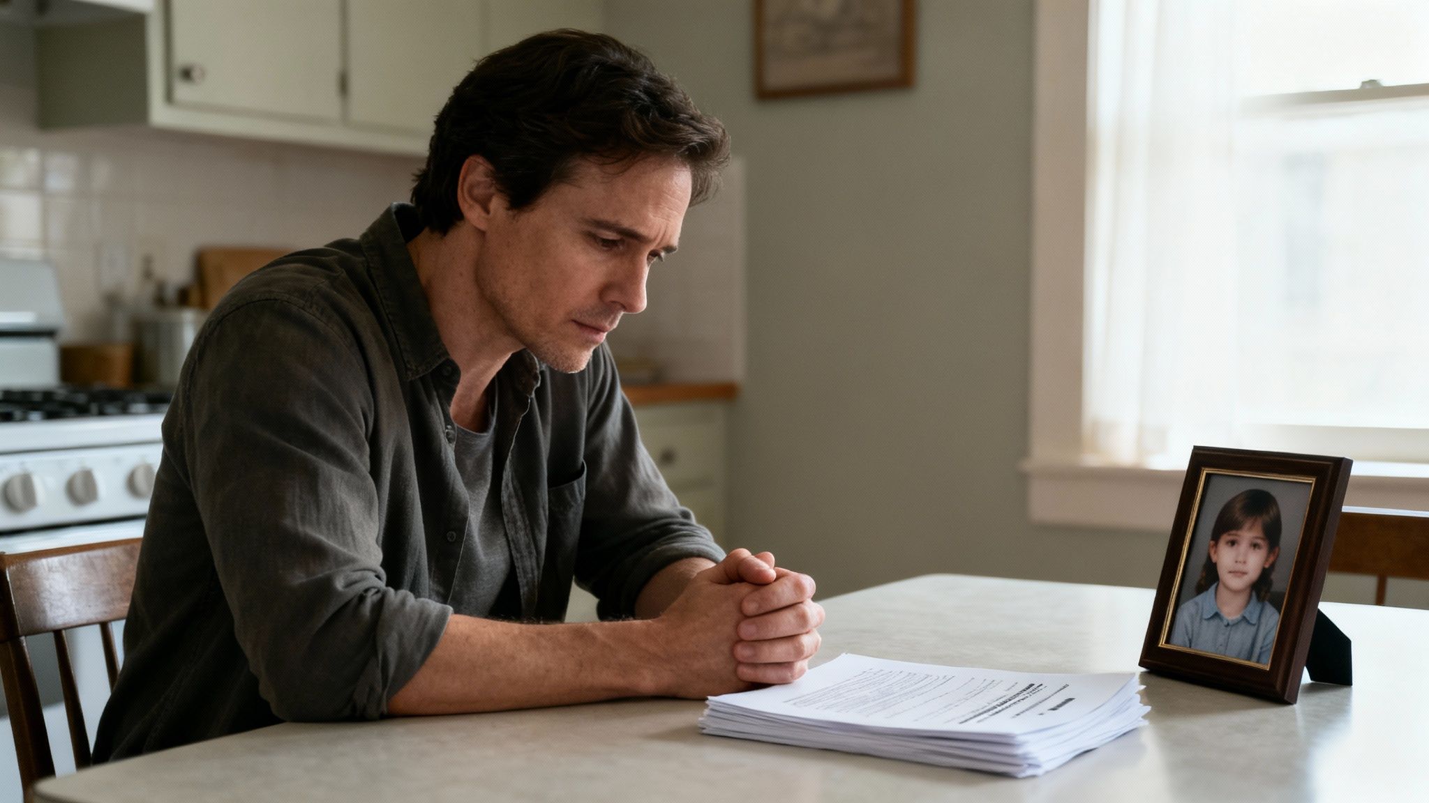 A man with a somber expression sits at a table with papers and a child's photo.
