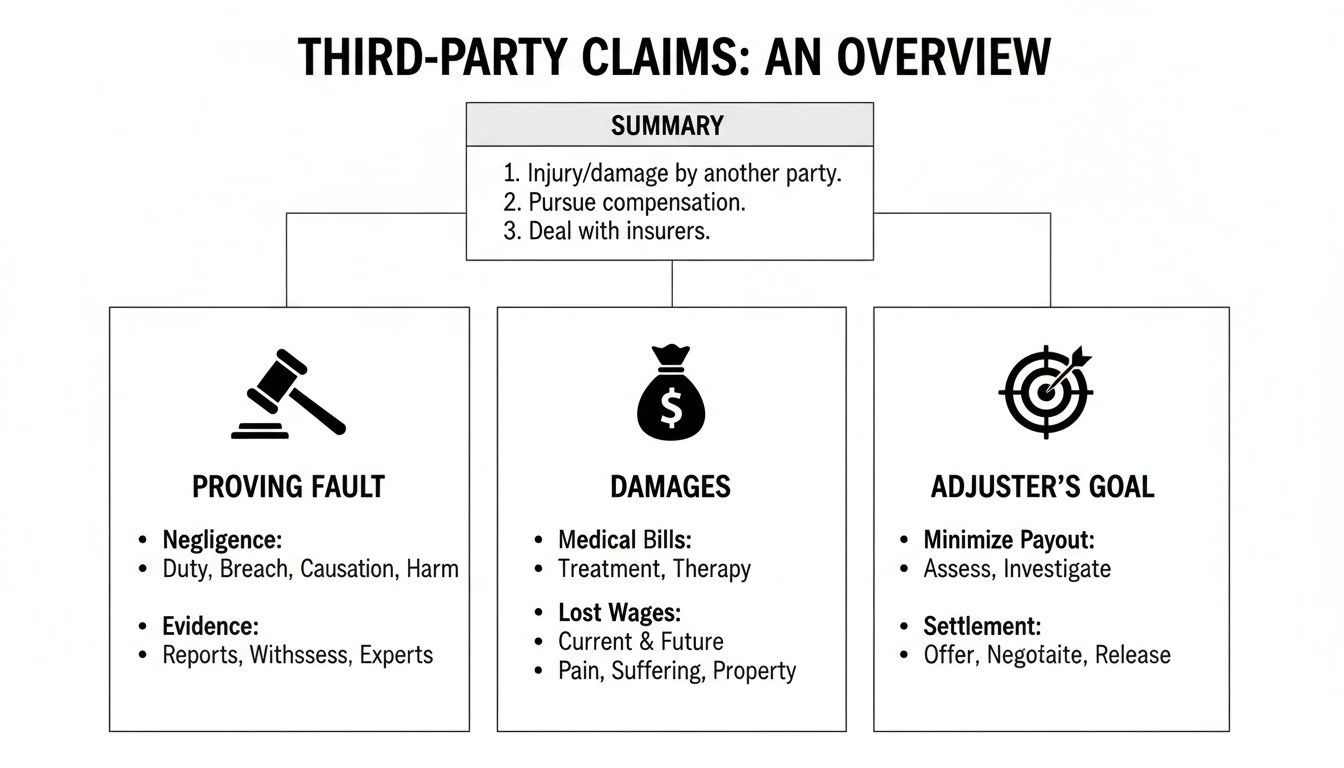 Flowchart outlining third-party claims process, detailing summary, proving fault, damages, and adjuster's goal.