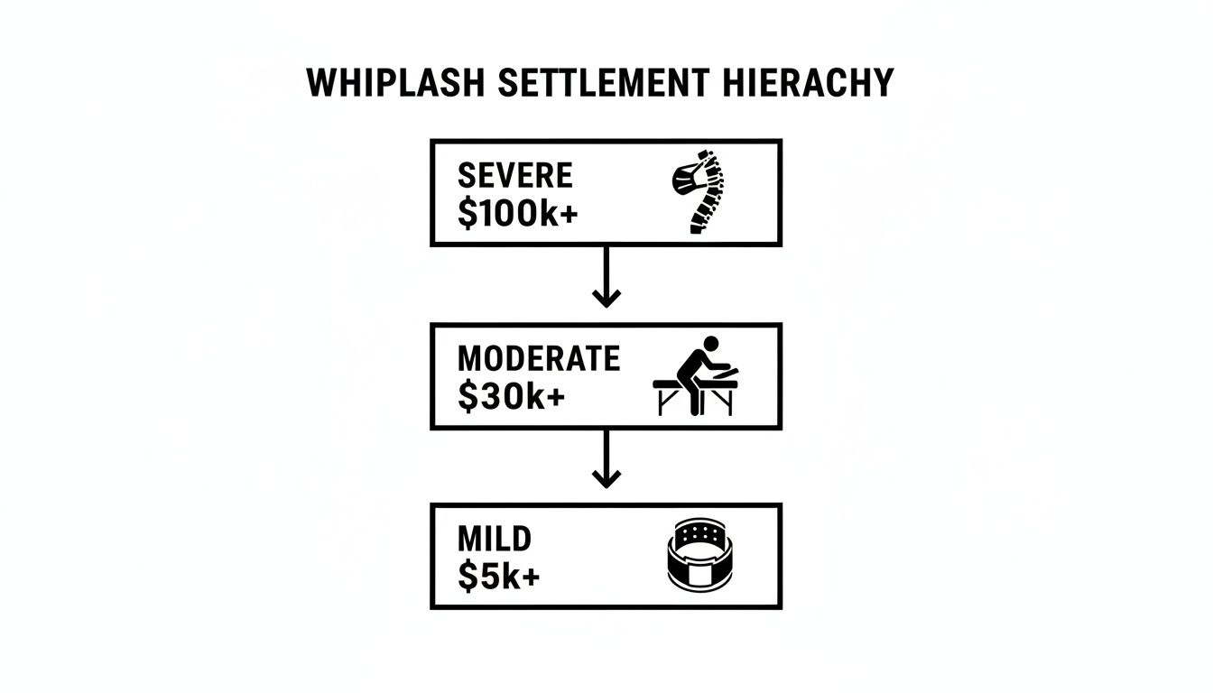 A diagram illustrating the whiplash settlement hierarchy, categorizing severities (severe, moderate, mild) with corresponding settlement amounts.