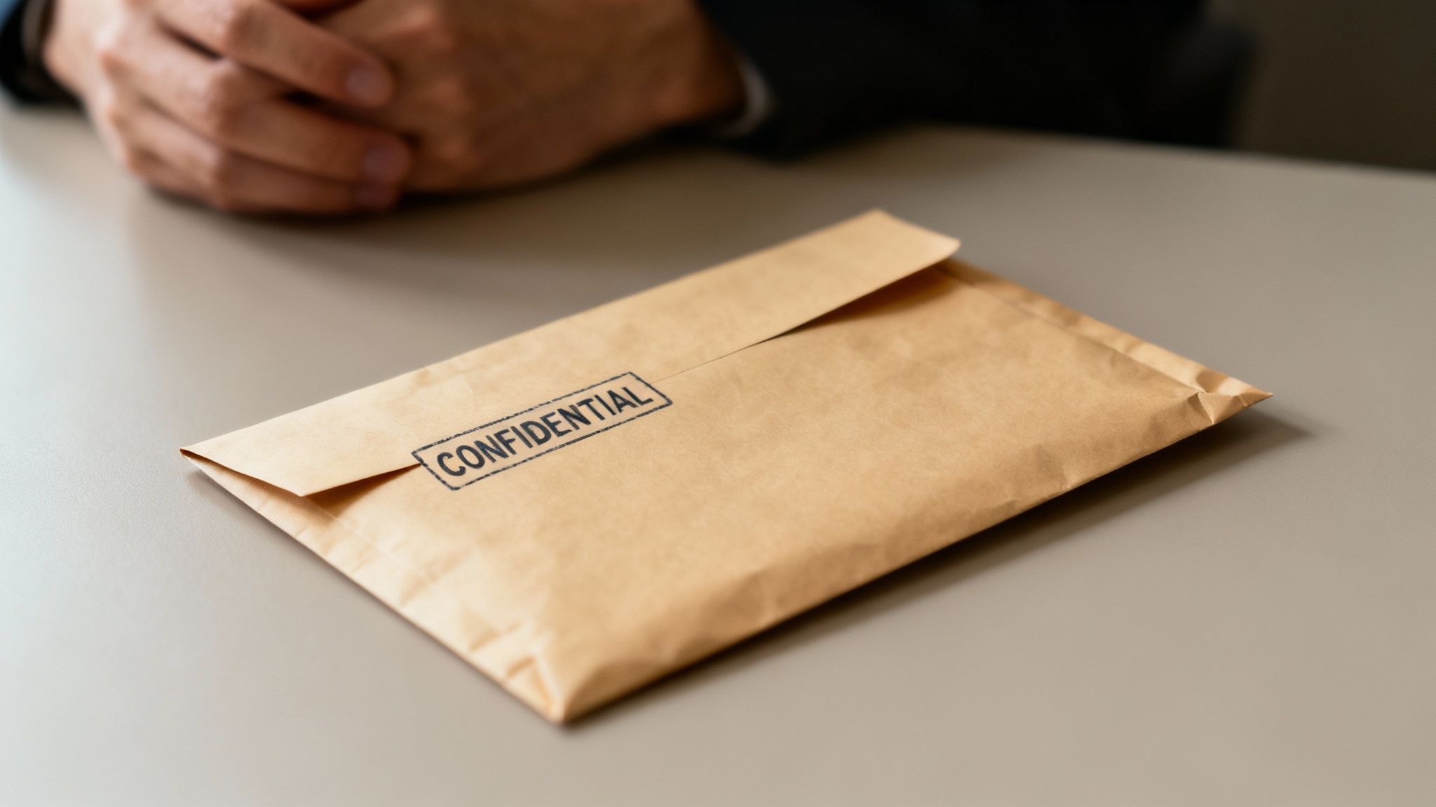 A brown envelope with a 'CONFIDENTIAL' stamp rests on a table, with clasped hands in the background.