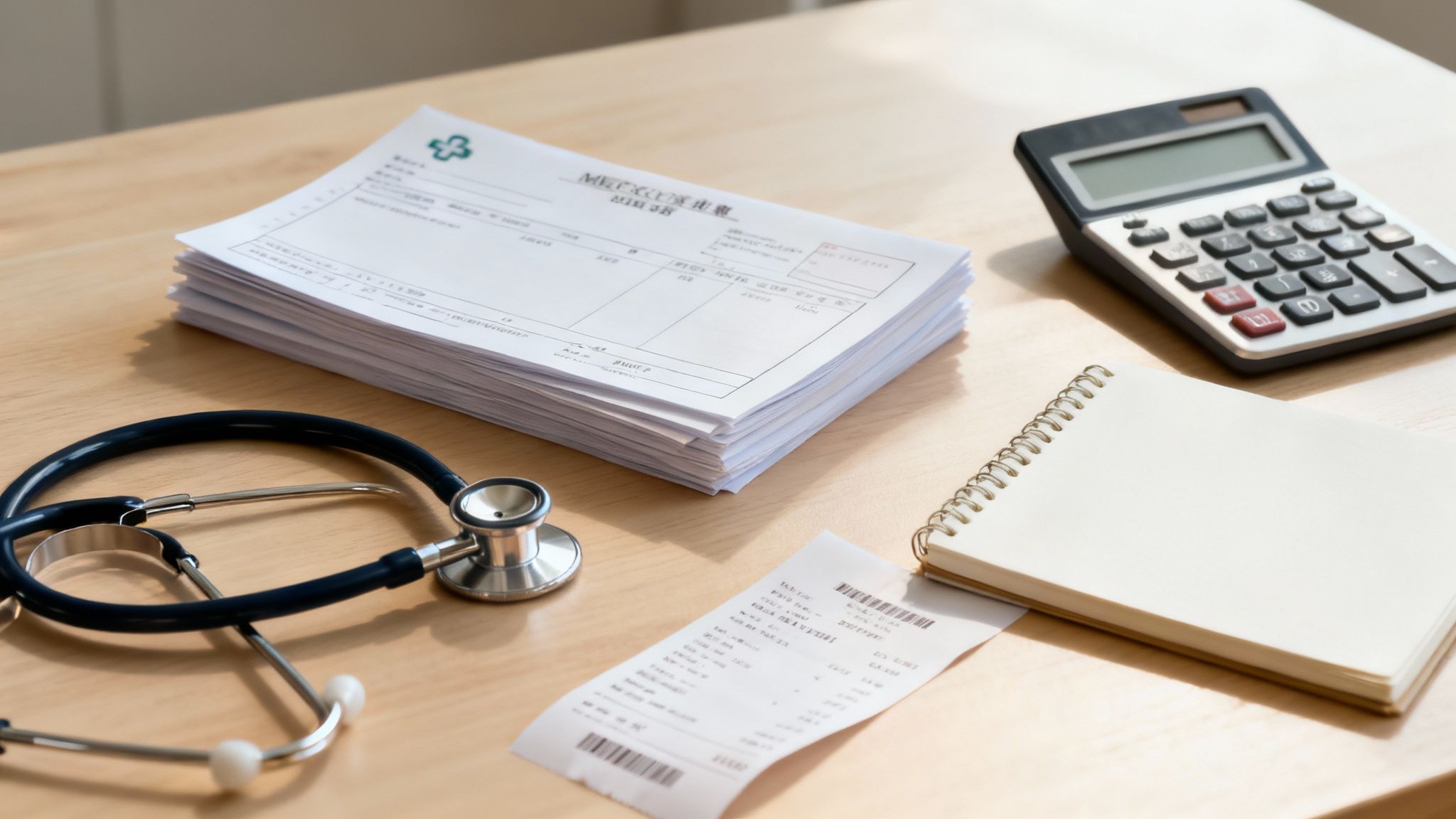 Stack of medical bills, a stethoscope, calculator, and notebook on a wooden desk.