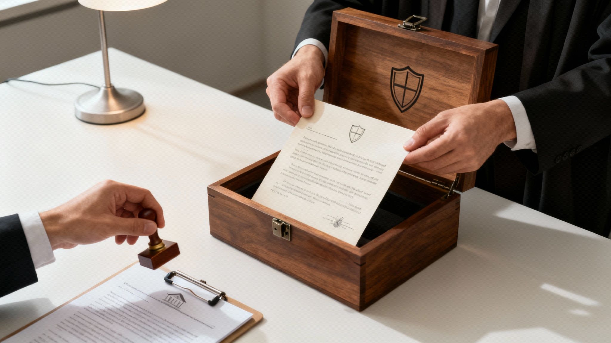 Person in a suit holding a legal document from a wooden box, with another hand placing a seal on a clipboard, symbolizing estate planning and trust management.