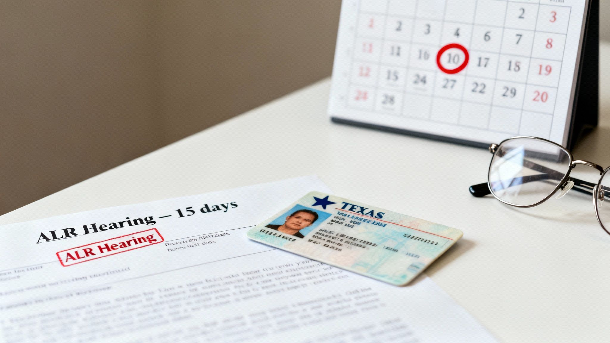 ALR Hearing document with "15 days" highlighted, Texas driver's license, and calendar marking the 10th, symbolizing DWI legal processes in Texas.