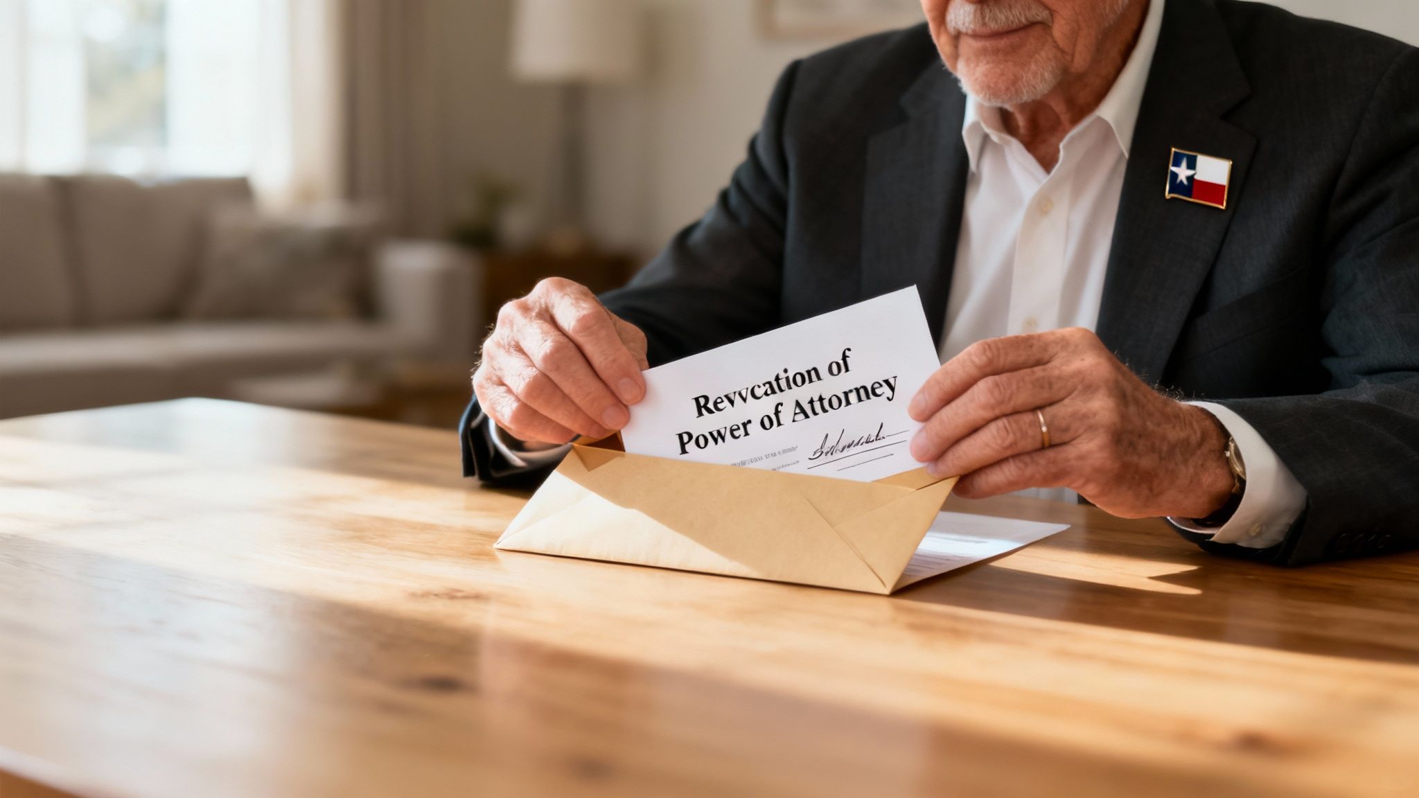 Senior man in suit holding signed revocation of power of attorney document over envelope