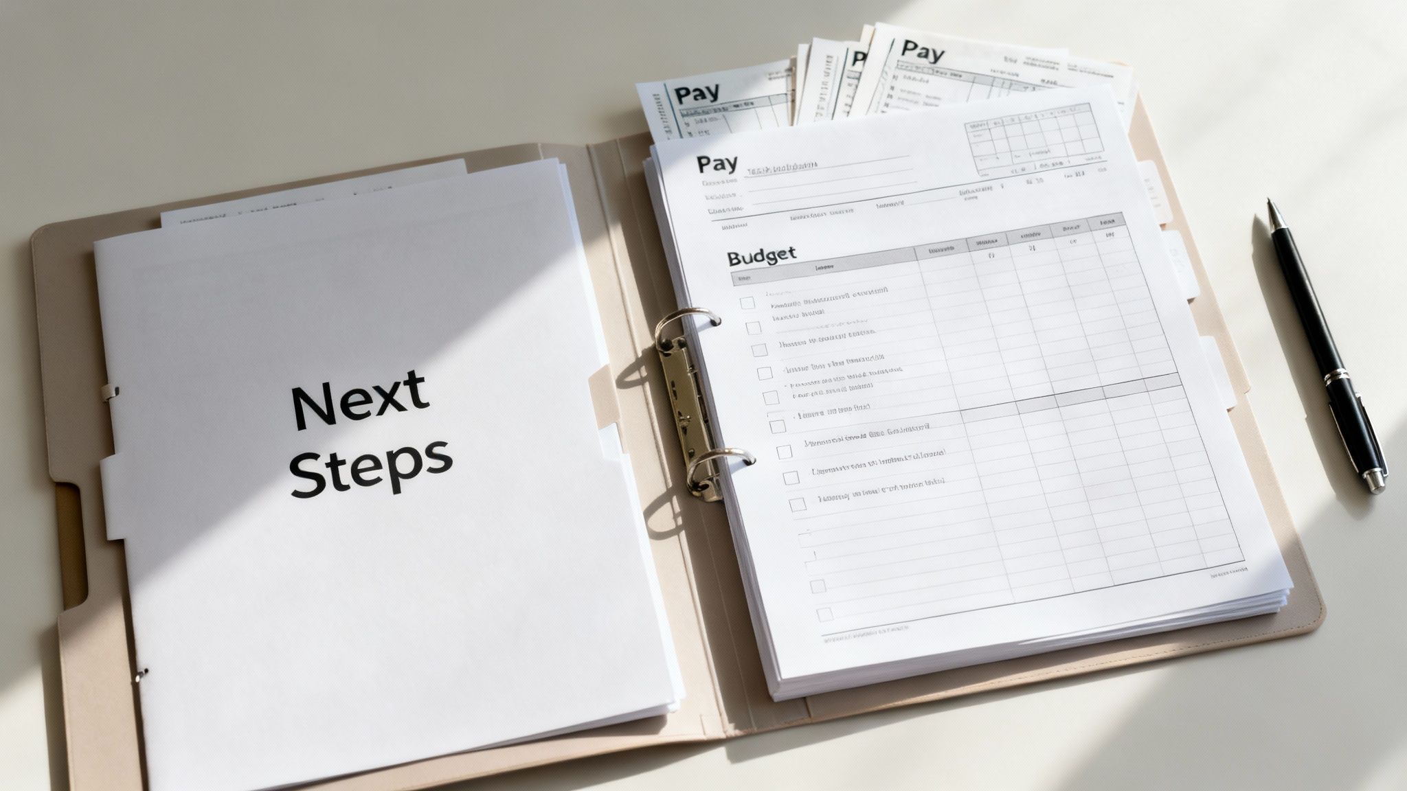 An open binder on a desk showing 'Next Steps' and 'Budget' documents, next to a pen.