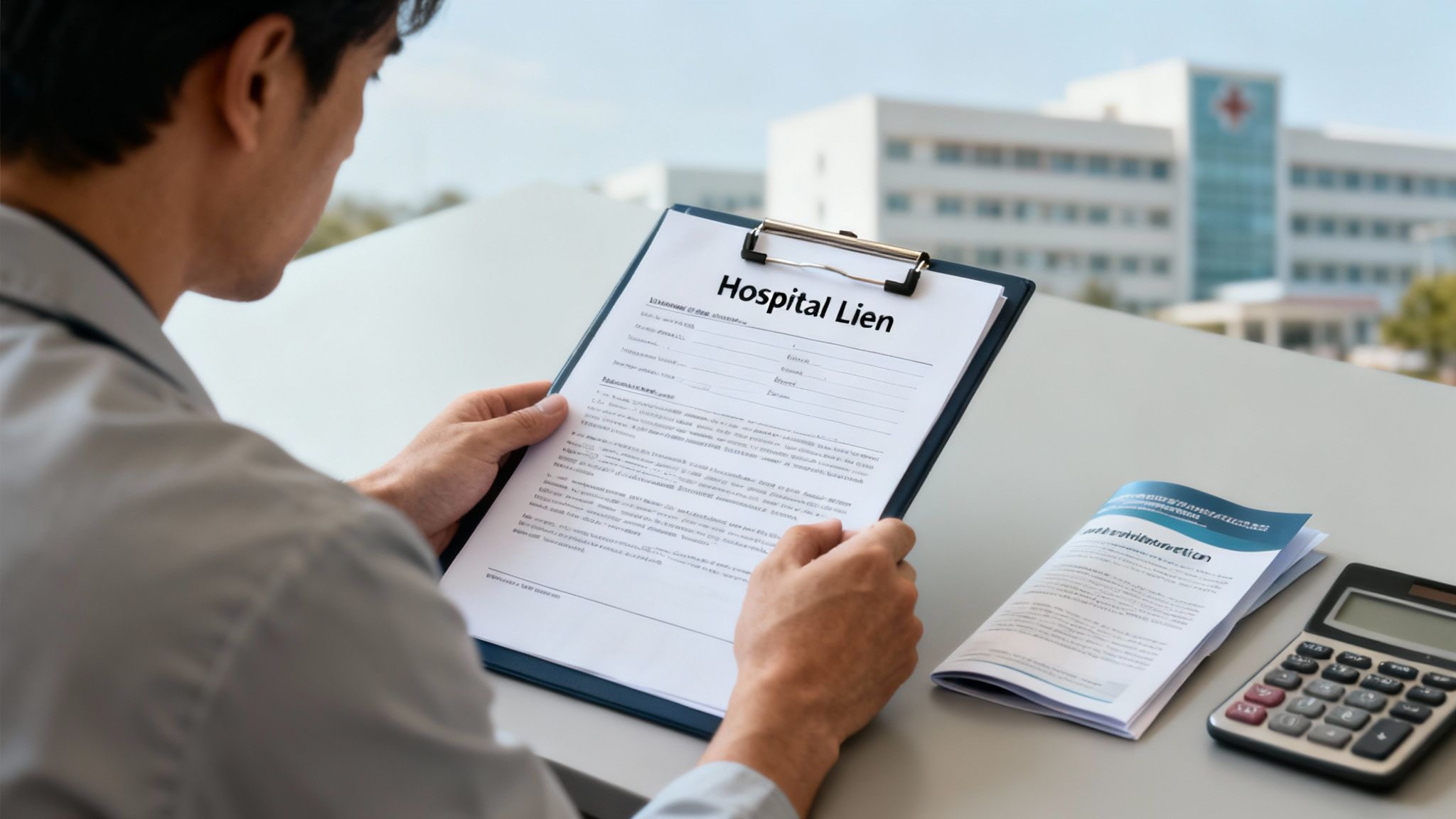 A person reviews a 'Hospital Lien' document on a clipboard, with a hospital in the background.