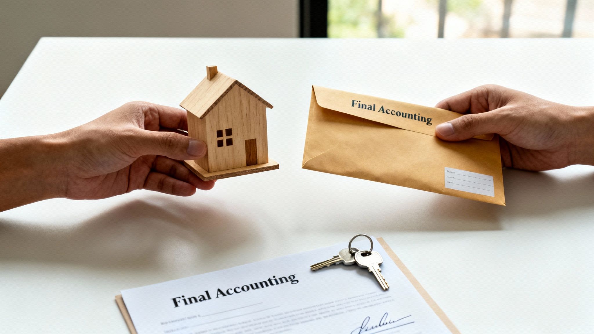 Hands exchanging a wooden house model and an envelope labeled "Final Accounting," with a document and keys on the table, symbolizing the responsibilities of an executor of a will in estate management and asset distribution.