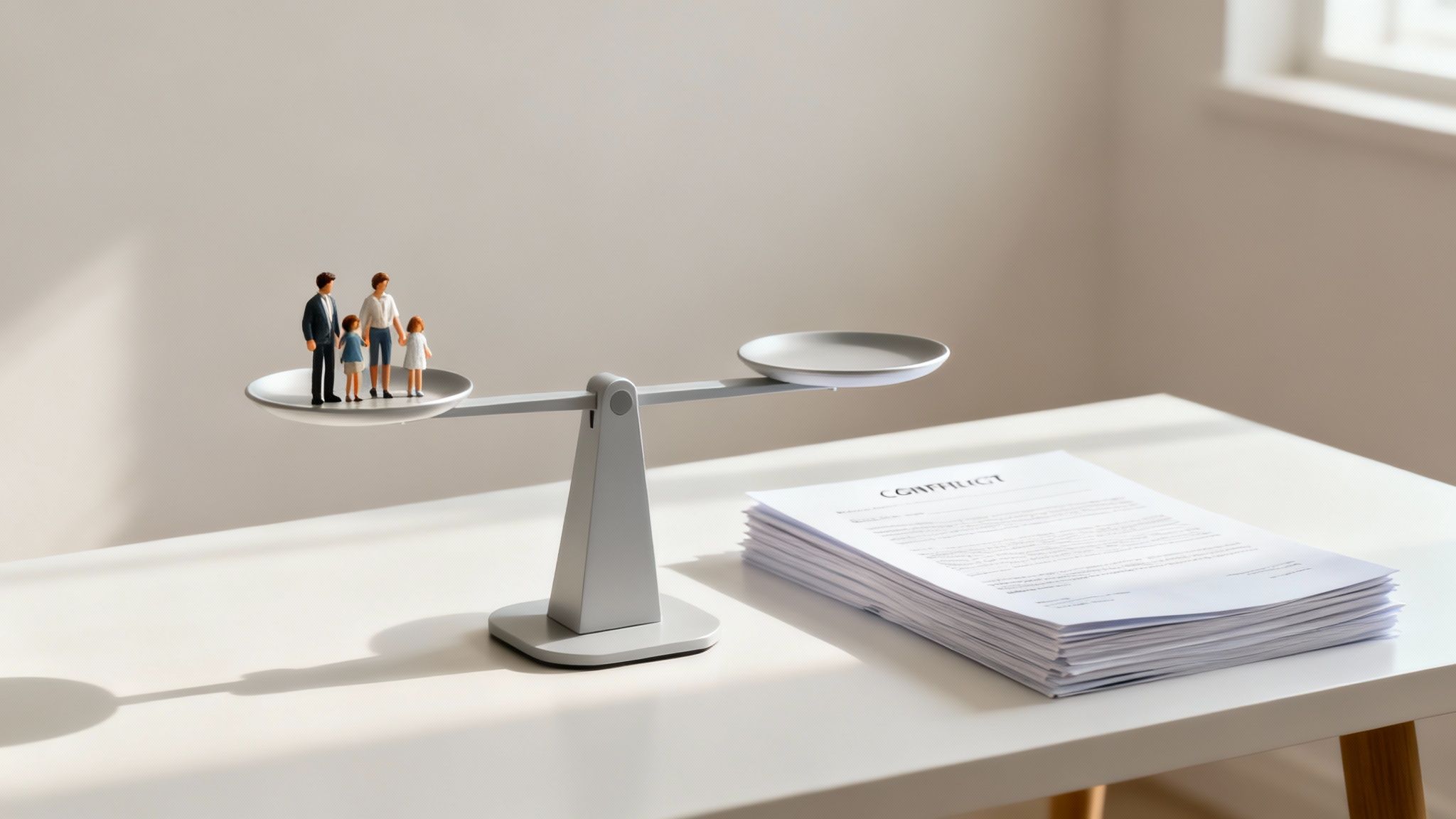 Miniature family figures on balance scale next to contract documents representing mediation decisions