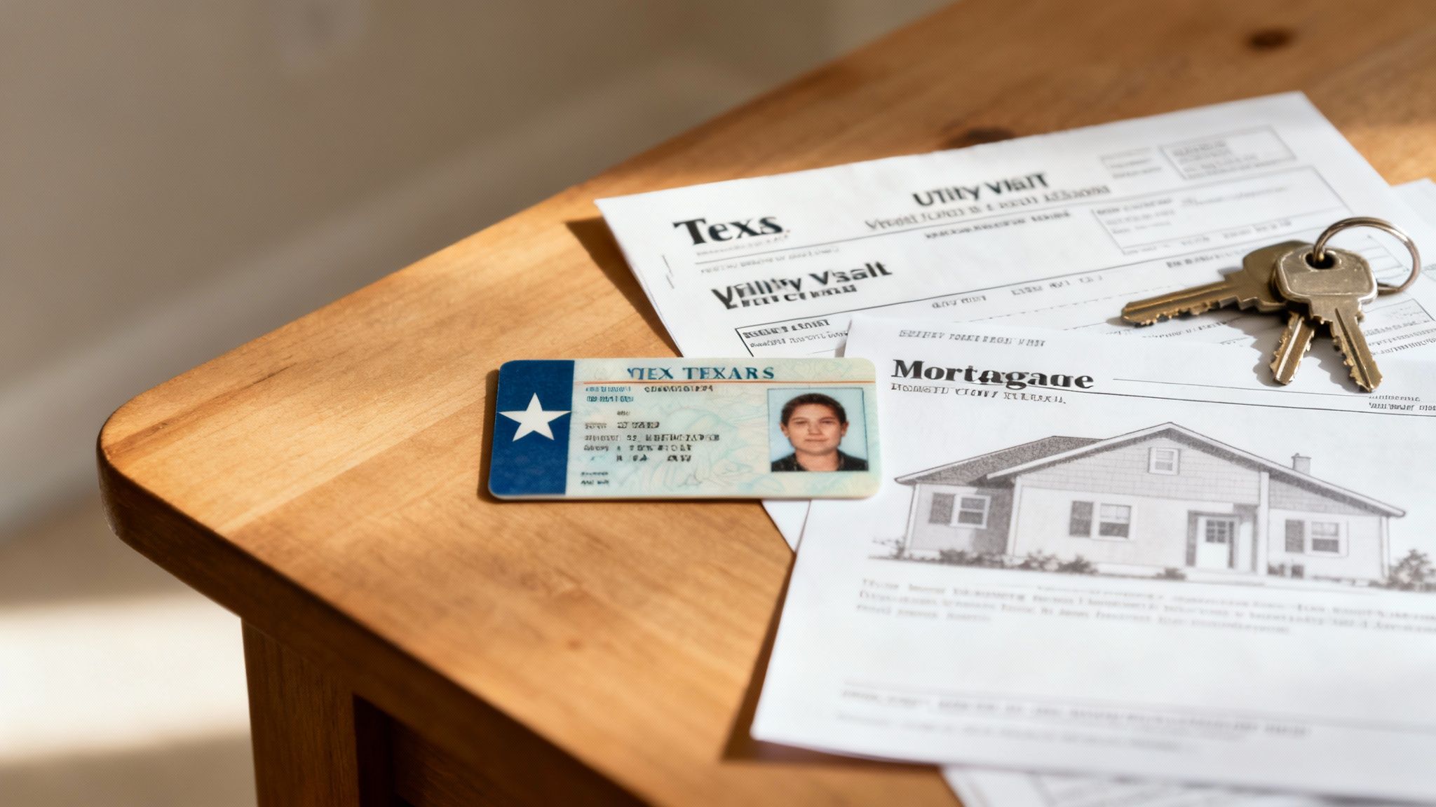 Documentos de hipoteca, licencia de conducir de Texas y llaves de casa sobre mesa de madera