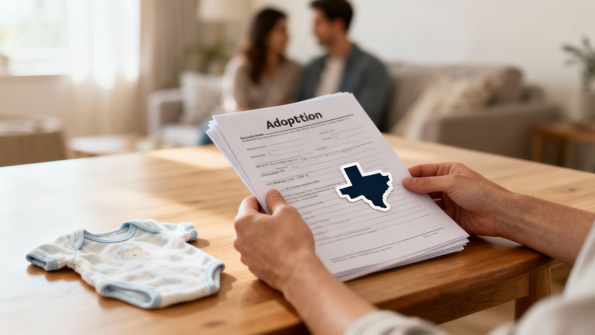 Hands holding adoption paperwork with Texas state outline and baby clothes on wooden table