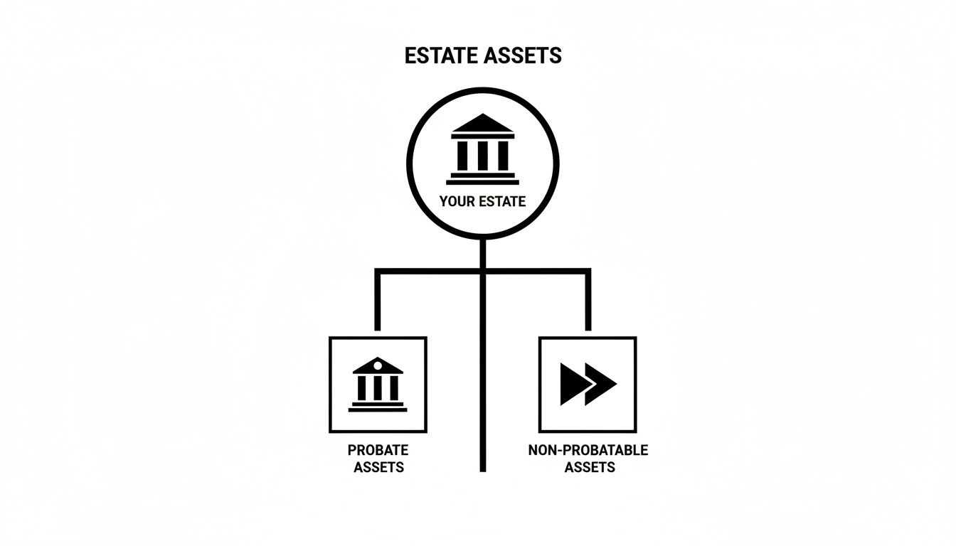 Flowchart detailing estate assets, categorized into probate and non-probatable assets with descriptive icons.