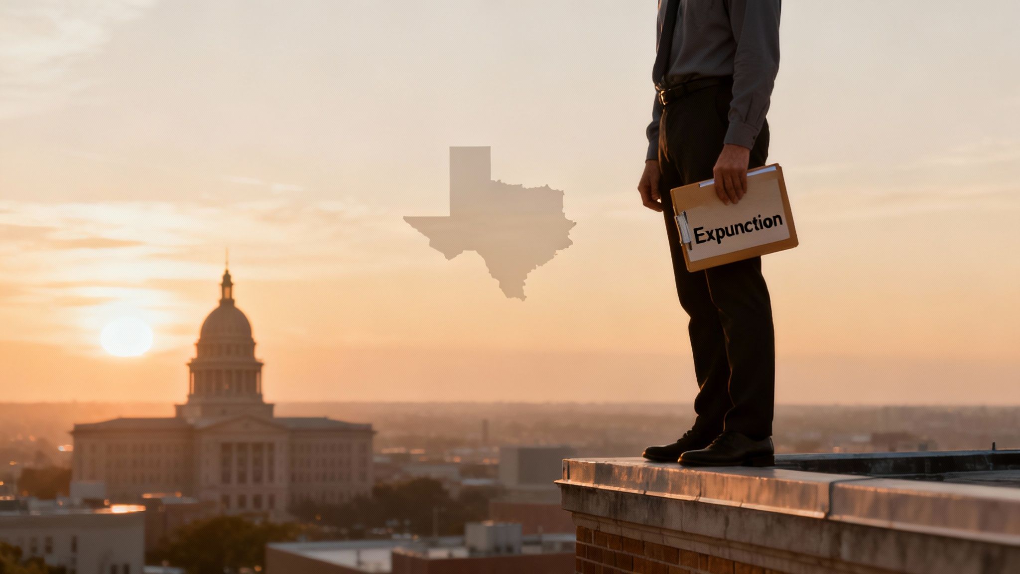 Person in a business suit holding an "Expunction" clipboard, standing on a ledge overlooking a cityscape with a Texas outline and sunset background, symbolizing the journey to expunge a criminal record in Texas.