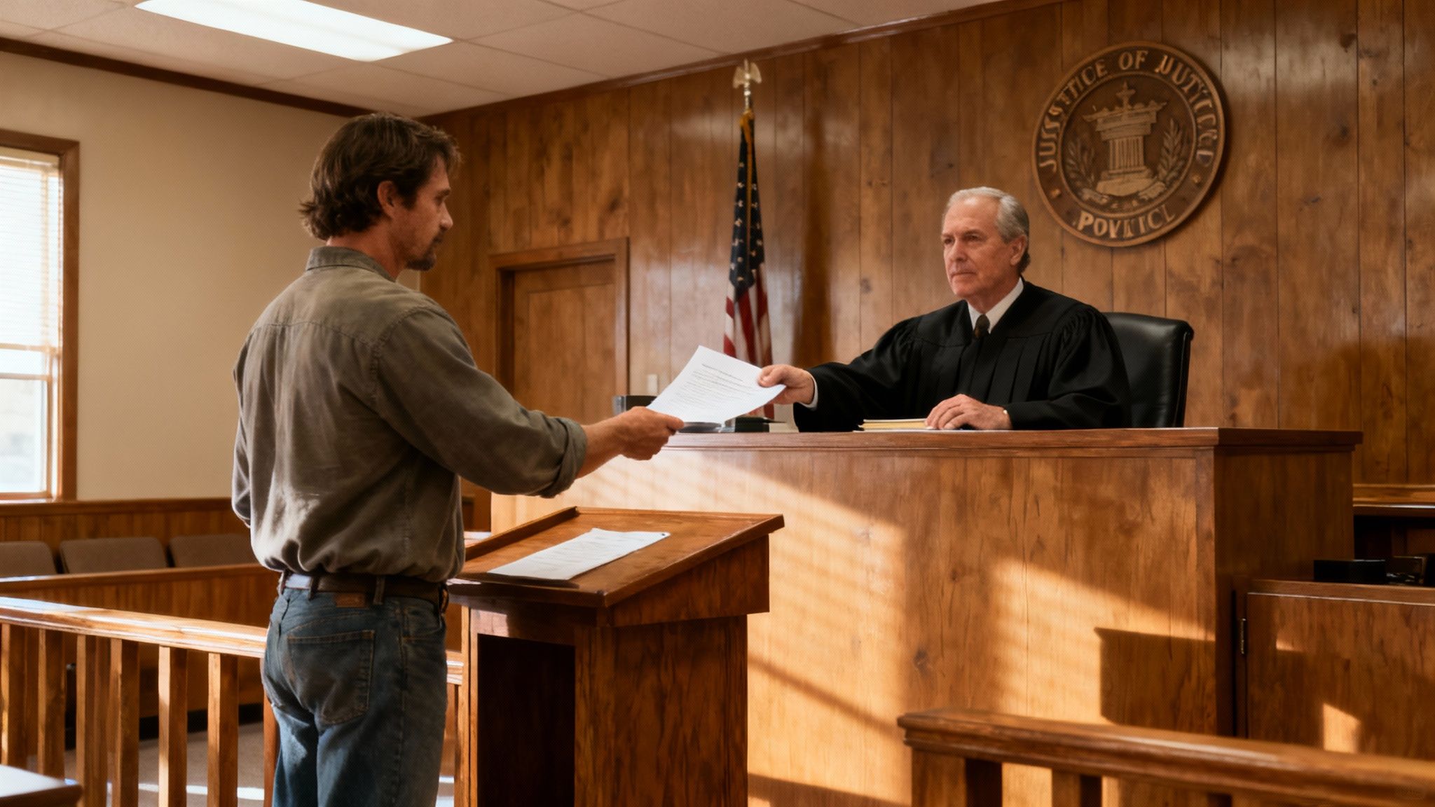 Man presenting legal documents to a judge in a courtroom, emphasizing tenant rights and eviction process in Texas.